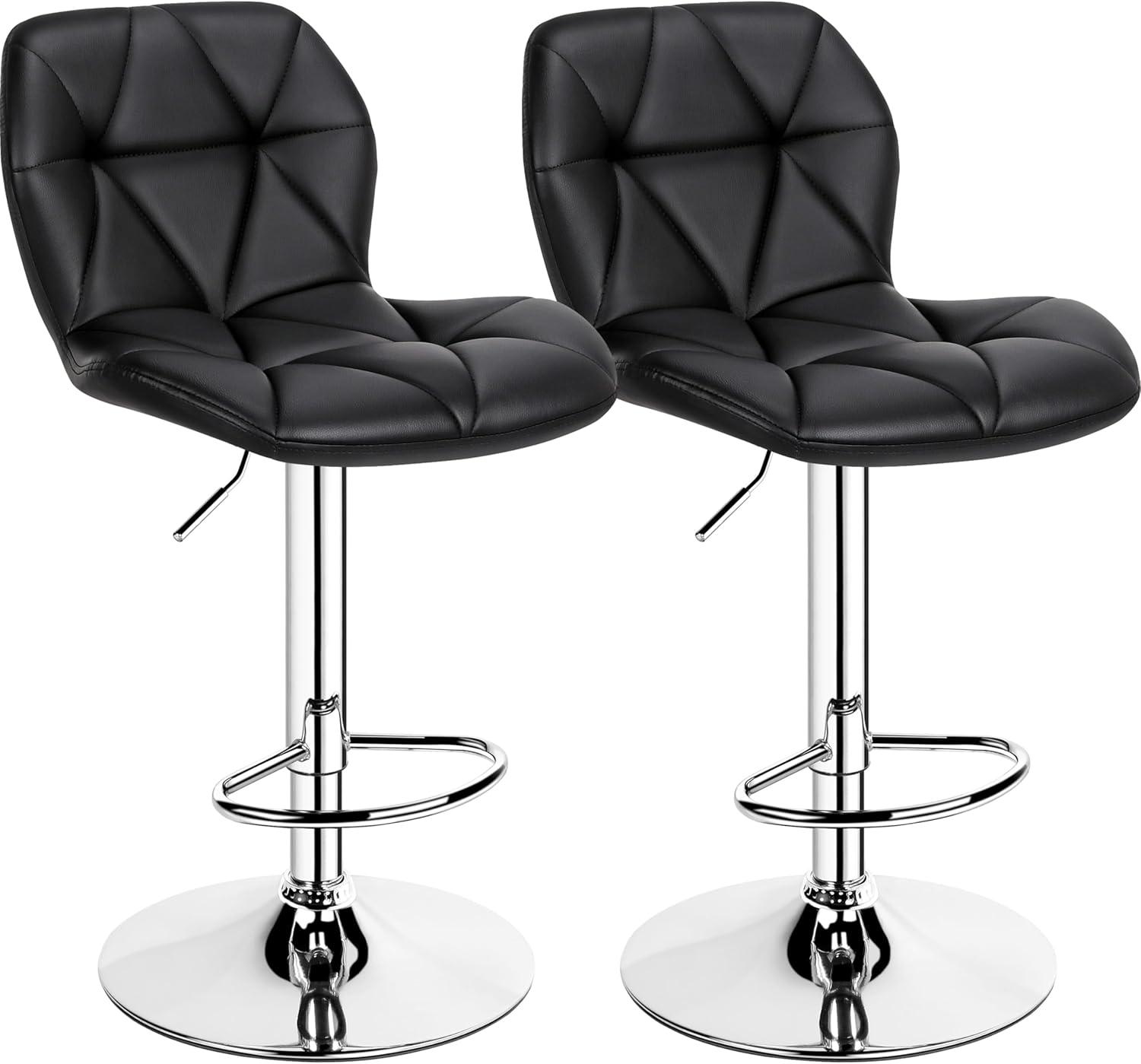 Modern Black Faux Leather Adjustable Swivel Bar Stools, Set of 2