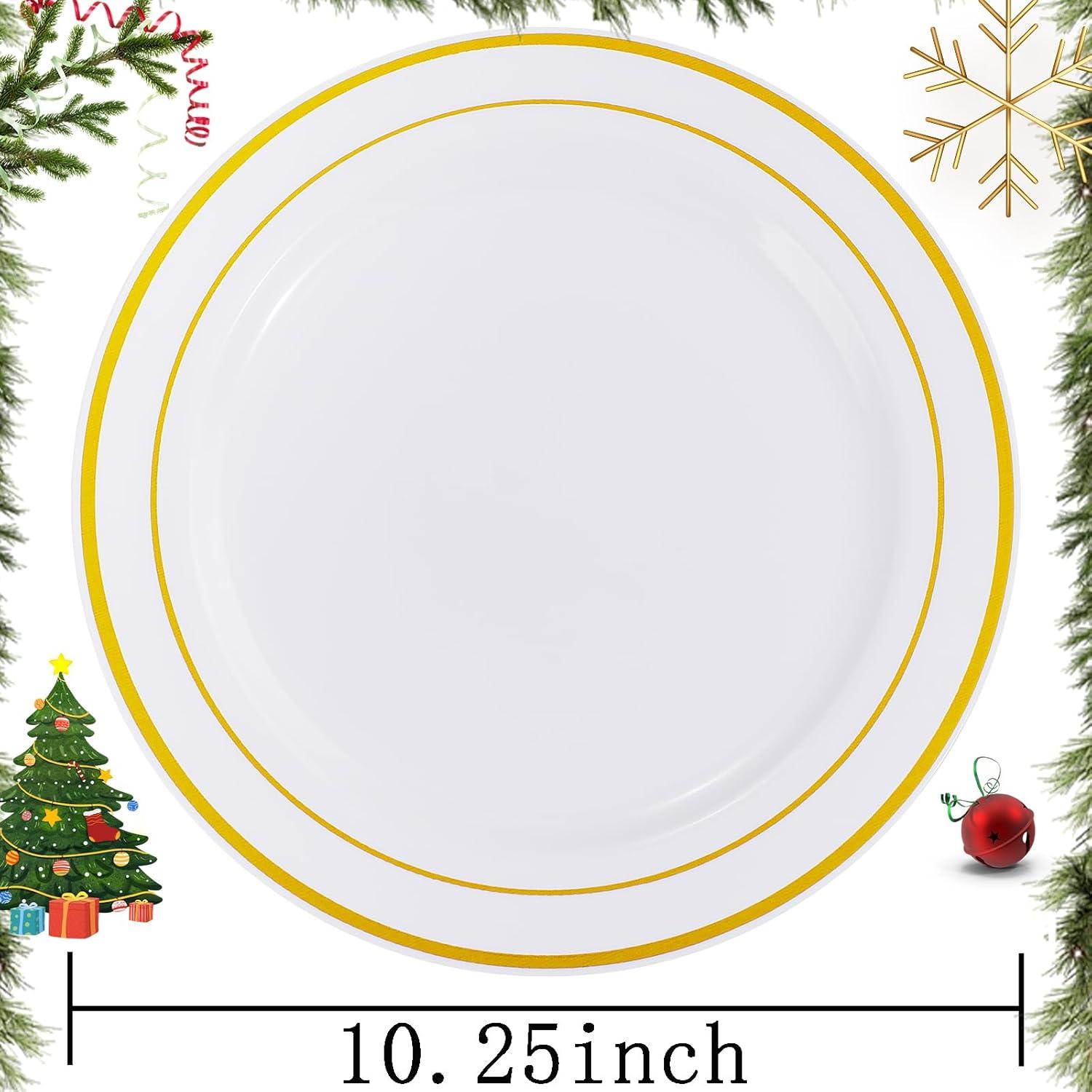 I00000 60pcs Plastic Gold Plates,10.25 inch Gold Rimmed Dinner Plates, White Disposable Plates, Parties or Wedding
