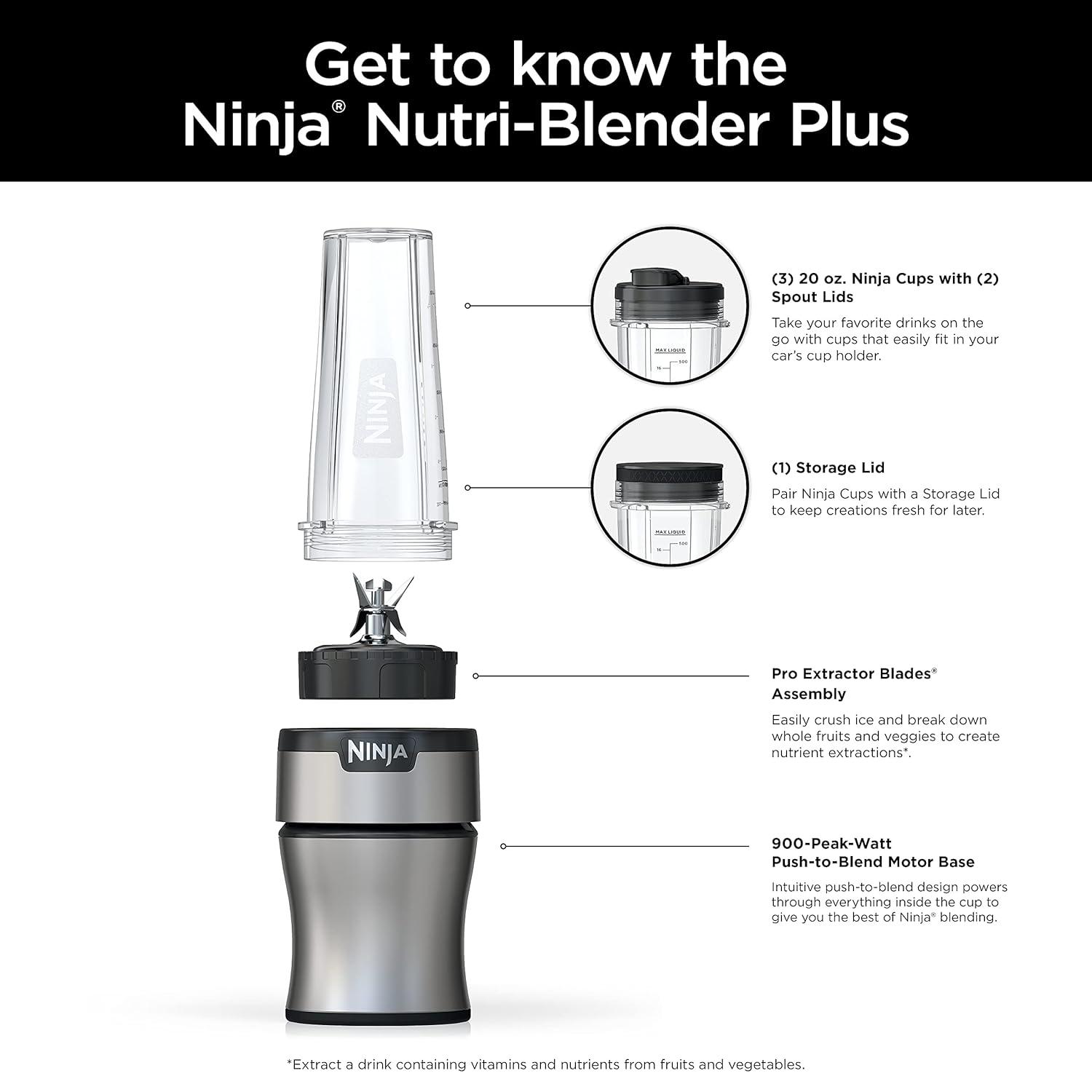 Ninja BN301 Nutri-Blender Plus Compact Personal Blender, 900-Peak-Watt Motor, Frozen Drinks, Smoothies, Sauces & More, (3) 20 oz. To-Go Cups, (2) Spout-Lids (1) Storage-Lid, Dishwasher Safe, Silver