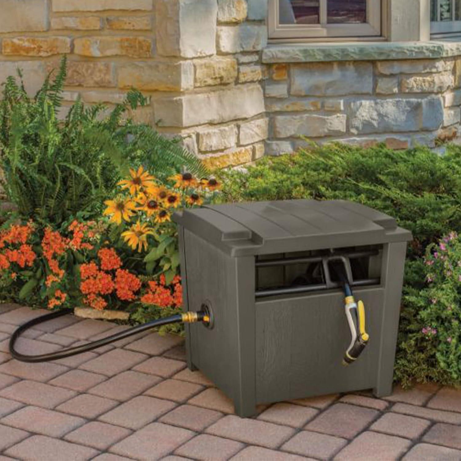Suncast Farmington Smart Tube Weatherproof Outdoor Hideaway Standard Garden Hose Storage Pot Container with Brass Connections, Stoney (2 Pack)