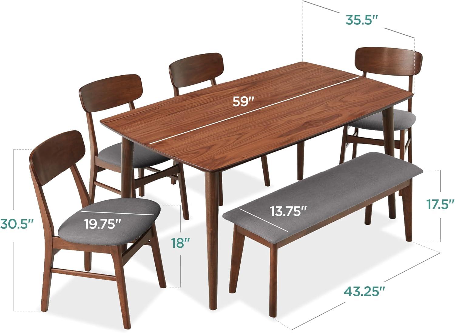 George Oliver 6-Piece Mid-Century Modern Upholstered Wooden Dining Set W/ 4 Chairs, Bench - Walnut/Gray