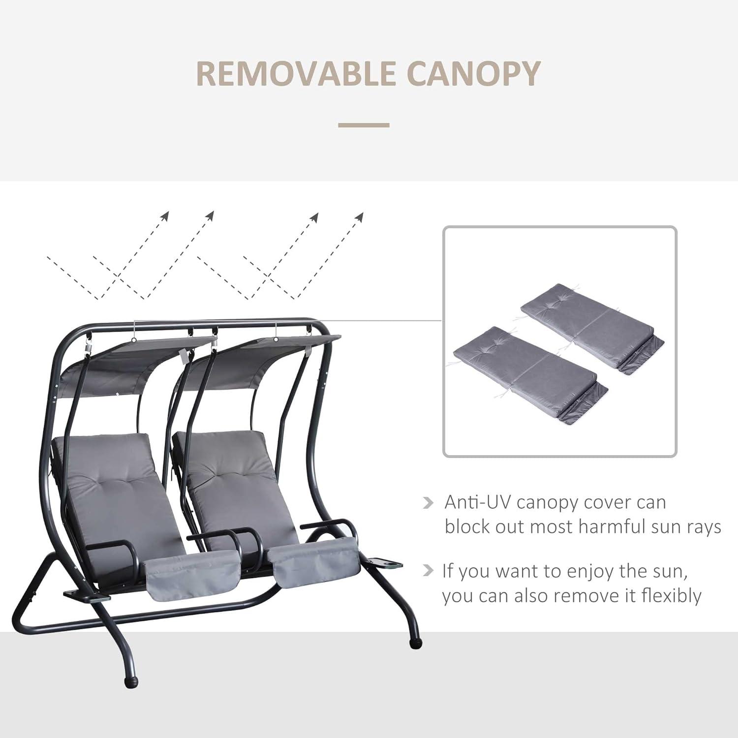 Outsunny Modern 2-Seater Outdoor Patio Swing Chair, Porch Seats with Cup Holder and Removeable Canopy, gray