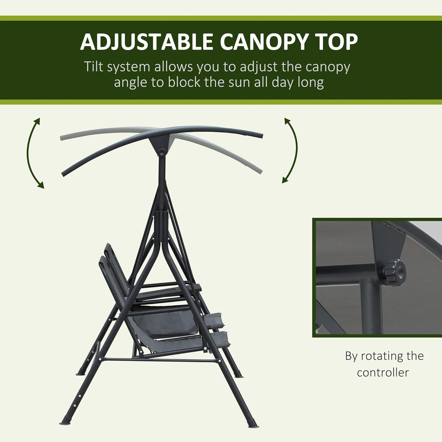 Outsunny 2 Person Porch Swing with Canopy, Covered Patio Swing with Pivot Storage Table, Cup Holder, & Adjustable Overhead Canopy, Gray