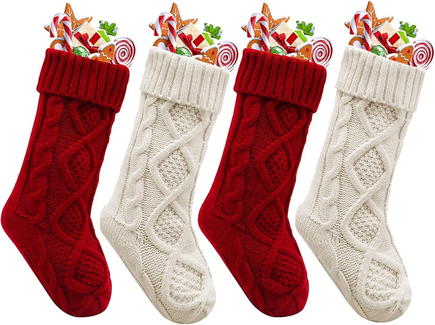 18-Inch Cable Knitted Christmas Stockings Set in Multicolor