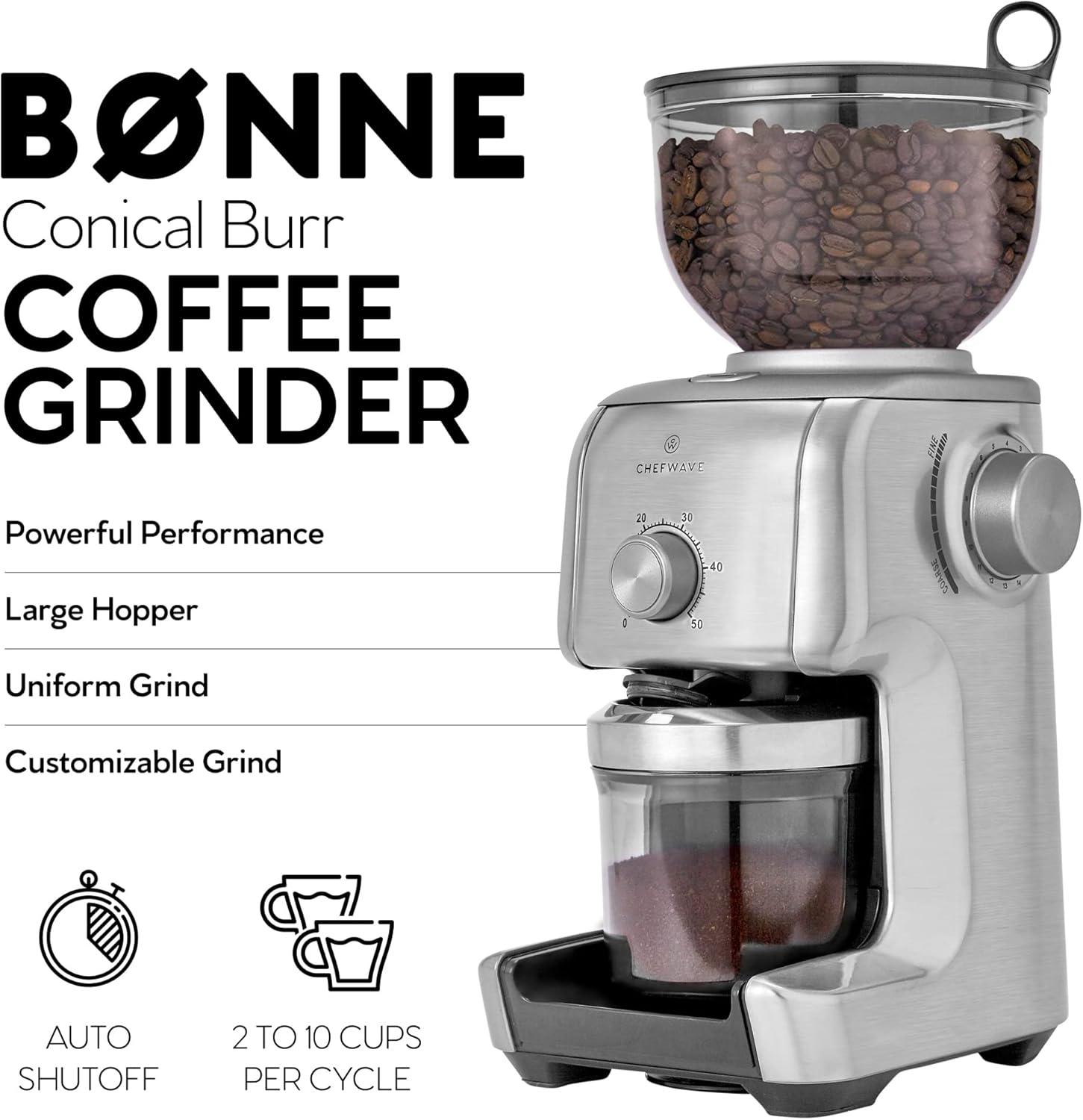 ChefWave Bonne Conical Burr Coffee Grinder w/ 16 Grind Settings, Stainless Steel