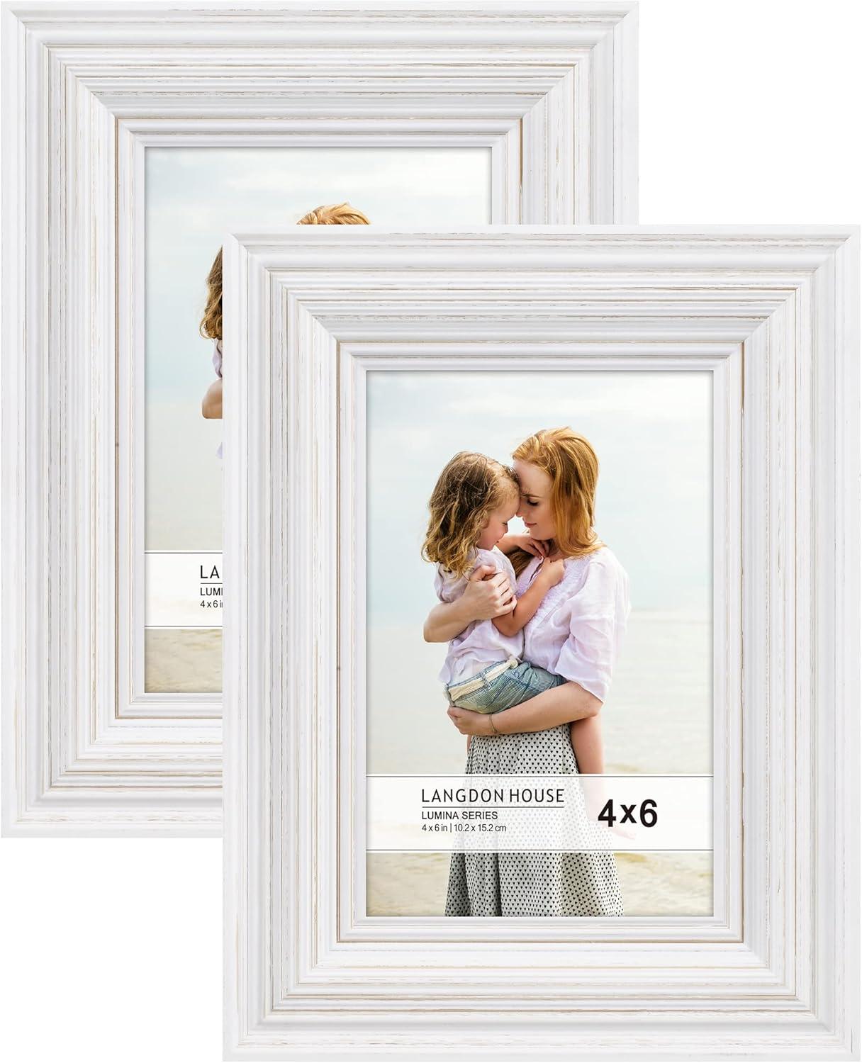 Langdon House 4x6 Weathered White Wood Picture Frames with Gold Accents, 2 Pack