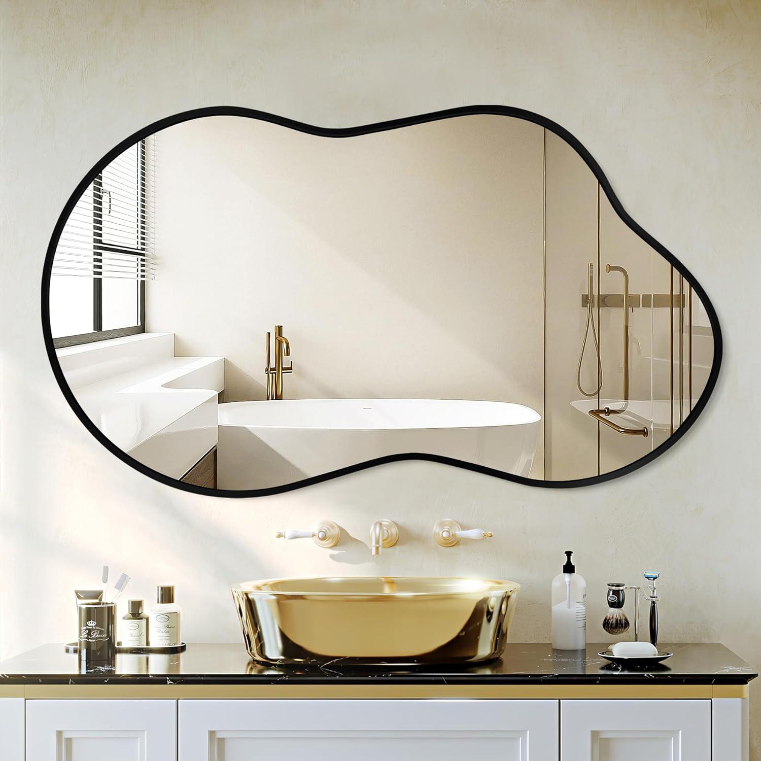 Funtouch Irregular Wall Mirrors 24"x 36" Cloud Shaped Mirrors for Bathroom, Aluminum Alloy Frame Black