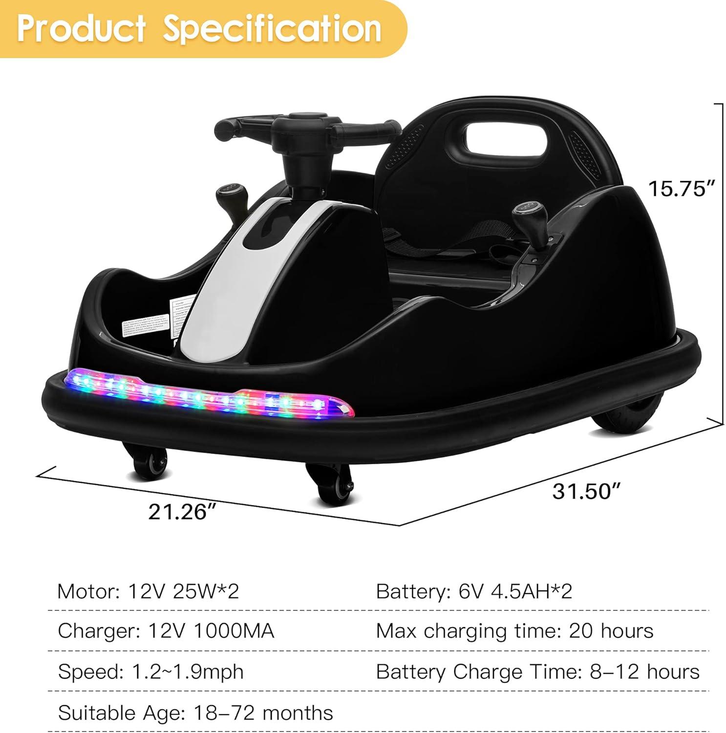 Kidzone Twin-Motor 12V Kids Toy Electric Ride On Bumper Car Vehicle Remote Control Bluetooth Music 360 Spin ASTM-Certified DIY Sticker Race #00-99, Black