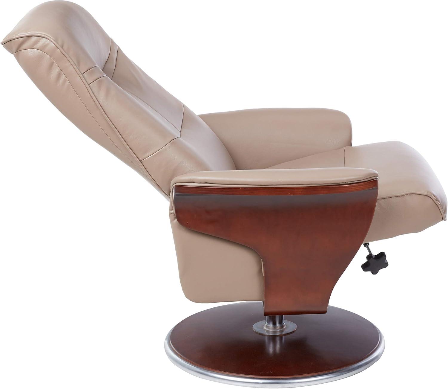 Modern Latte Leather Swivel Recliner with Ottoman and Dark Mahogany Base