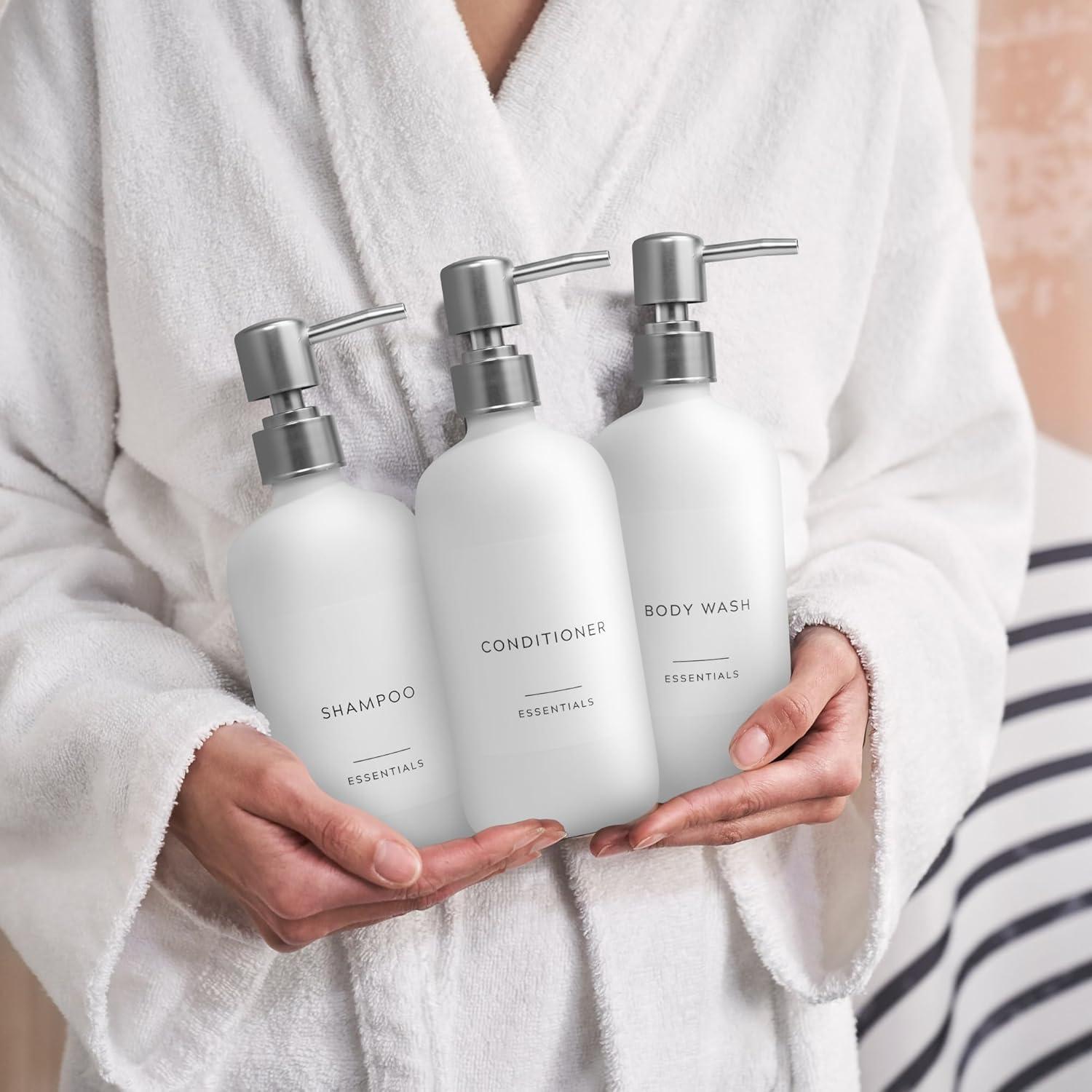 Stylish Shampoo and Conditioner Dispenser Set of 3 - Modern 21oz Shower Soap Bottles with Pump and Labels - Easy to Refill Body Wash Dispensers for an Instant Bathroom Decor Upgrade - White C31