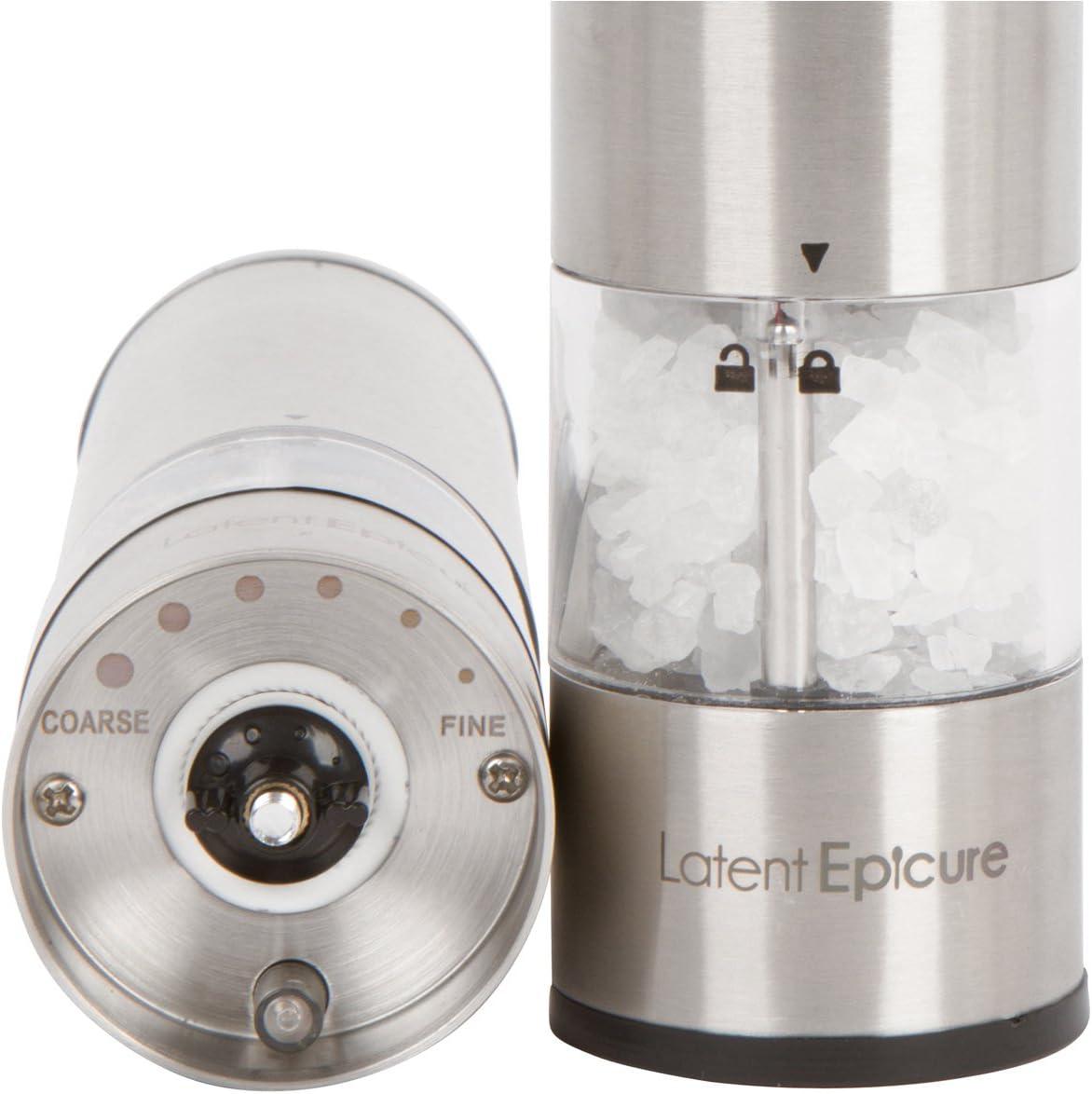 Electric Salt and Pepper Grinder Set - Battery Operated, Stainless Steel Shakers with Adjustable Fine & Coarseness, One Handed Operation, LED Light & Complimentary Mill Rest Tray