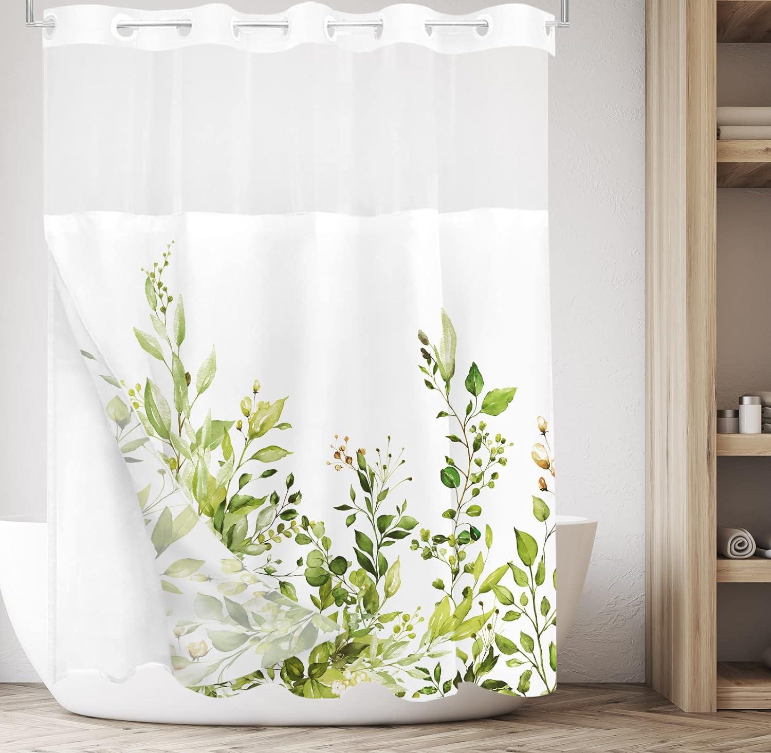 No Hook Shower Curtain with Snap in Liner, Eucalyptus Leaf Vintage Sage Green Leaves Hotel Shower Curtains for Bathroom, Washable Shower Curtain Liner Set with Mesh Top Window, 66"x72"