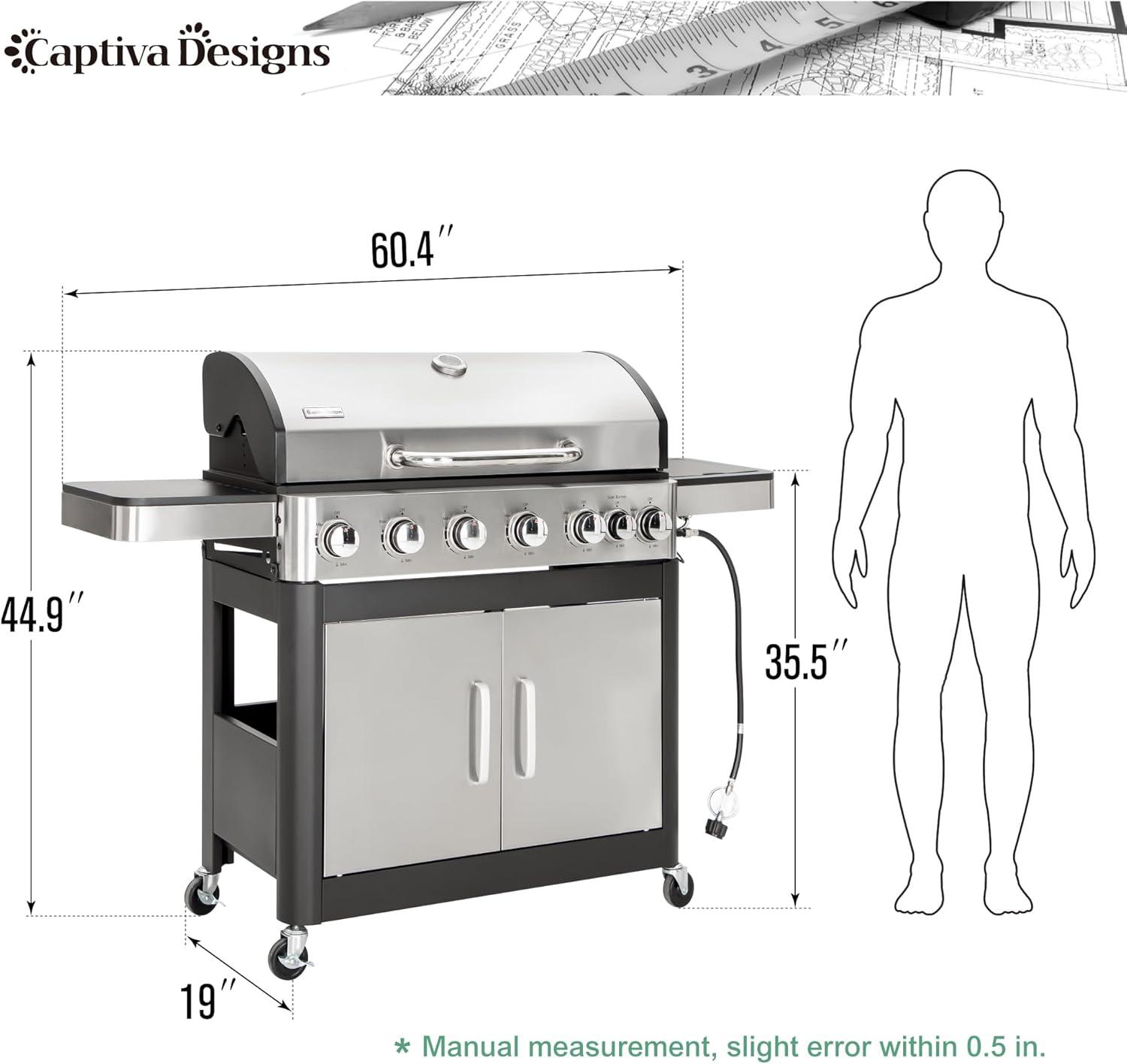 Captiva Designs 6-Burner Stainless Steel Propane Gas Grill with Side Burner