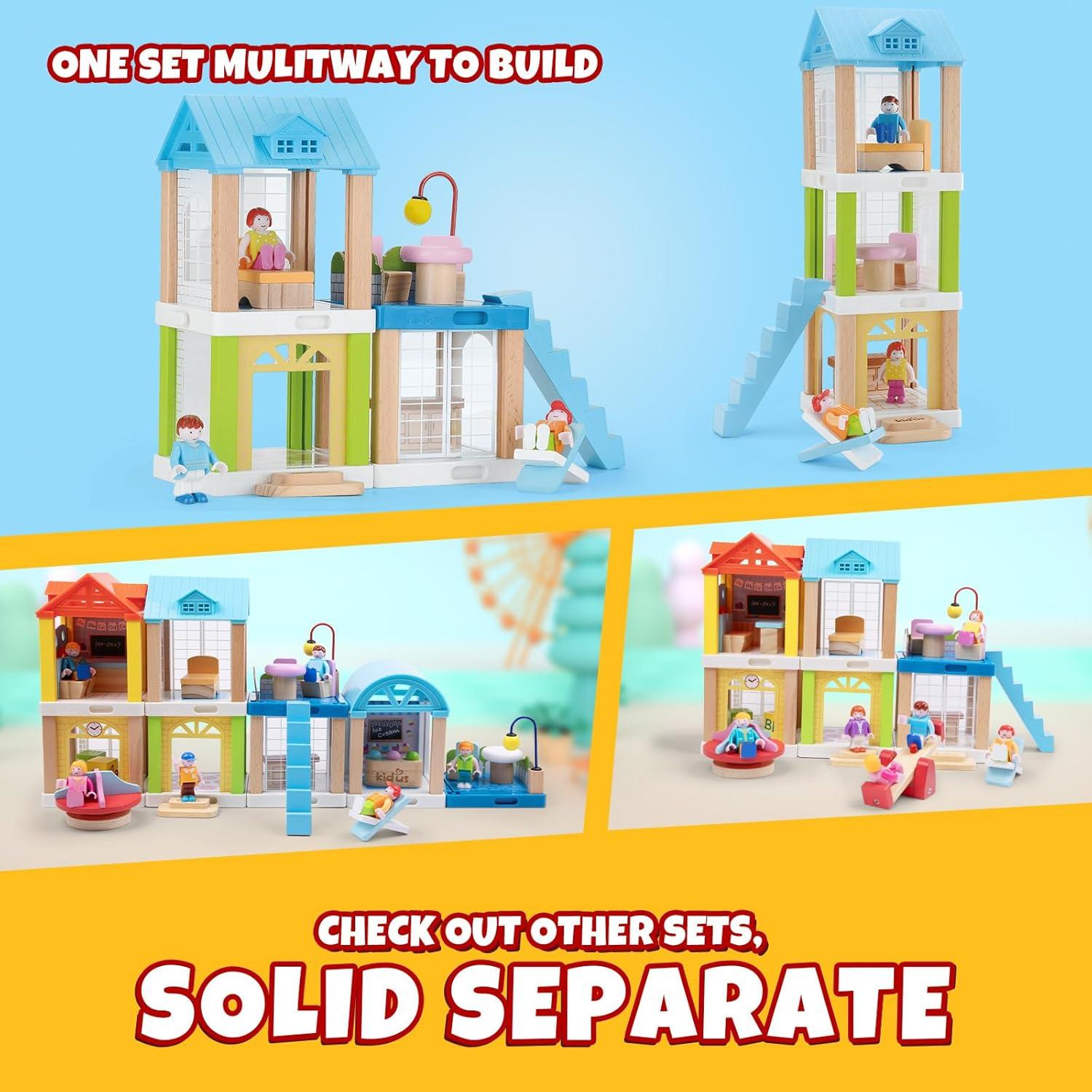 37-Piece Small Wooden Dollhouse, 3-Room DIY Doll House for Toddlers with 3 Movable Dolls, Dollhouse Furniture Accessories, Birthday Building Gift for Kids Ages 3-8 (8.15" L x 4.06" W x 9.17" H)