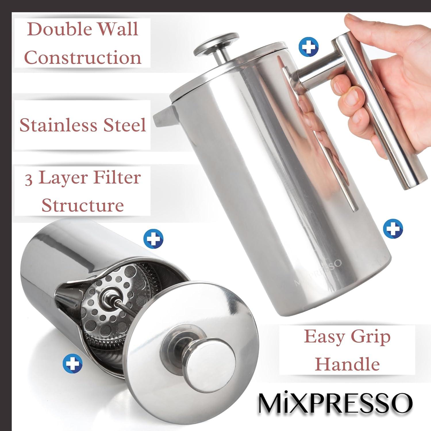 Mixpresso Stainless Steel French Press Coffee Maker 27 Oz 800 ml, Double Wall Metal Insulation Coffee Press & Tea Brewer Easy Clean And Easy Press Strong Quality Coffee Press.