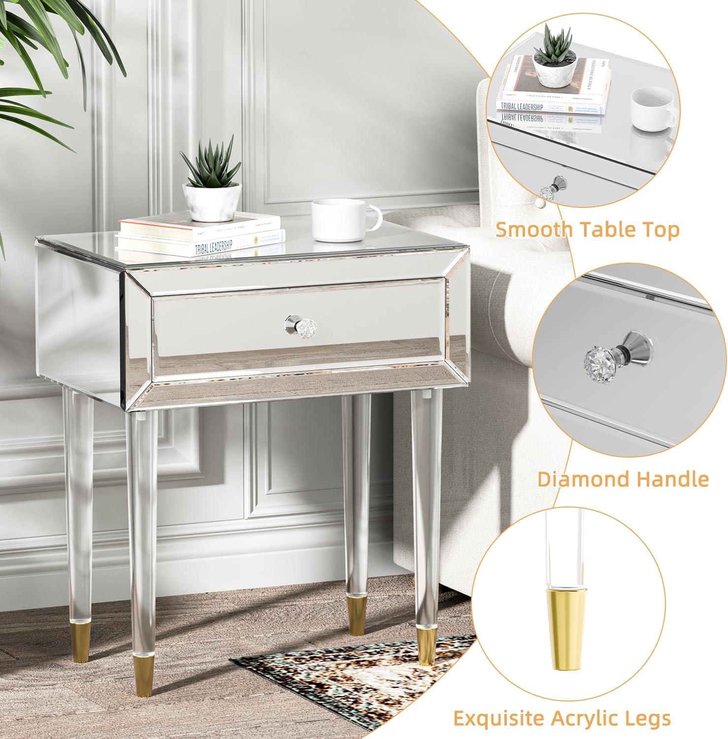 Mirrored Nightstand, Modern End Table with Drawer, Bedside Tables with Acrylic Legs for Bedroom, Living Room, Silver