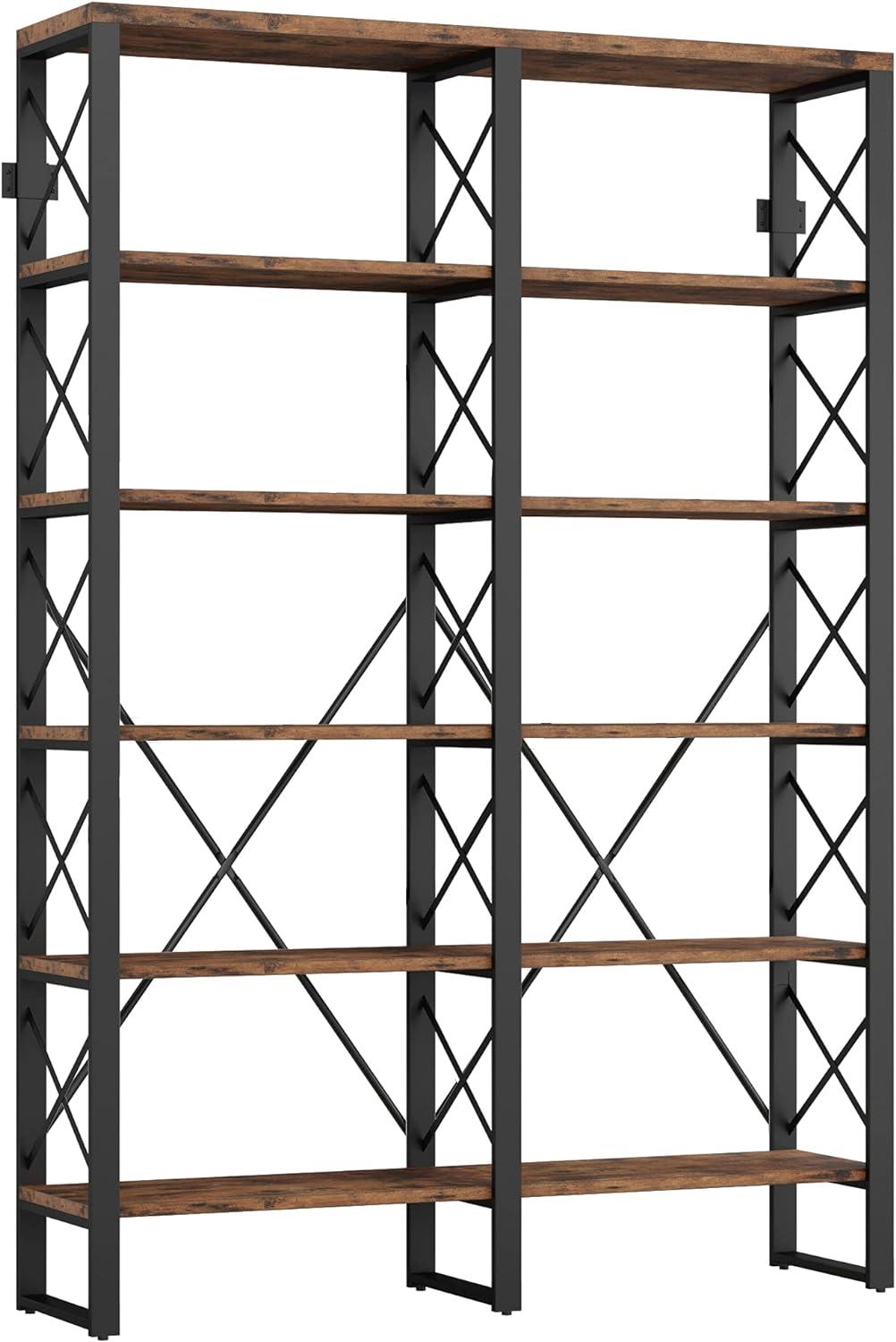 IRONCK Bookshelf Double Wide 6-Tier 76" H Industrial Style Wood and Metal for Home Office, Vintage Brown