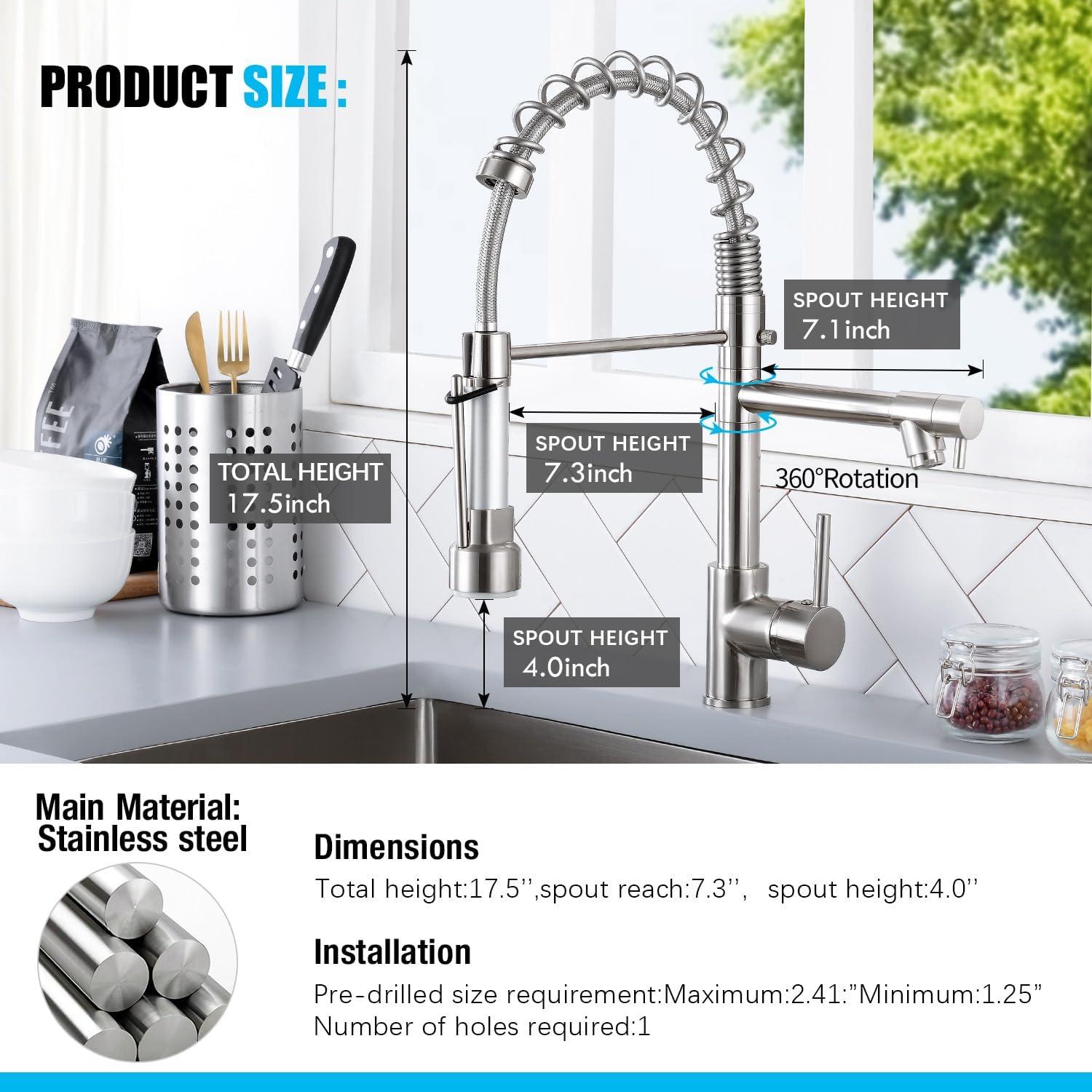 Stainless Steel Single Handle Spring Kitchen Sink Faucets with Sprayer, with Deck Plate