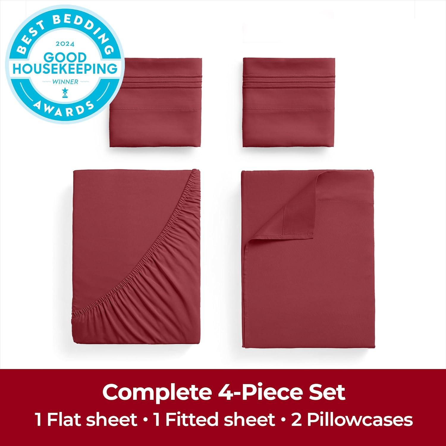 Mellanni Sheet Set Iconic Luxury Brushed Microfiber, Deep Pocket Sheet, 4 Piece Queen Brick Red