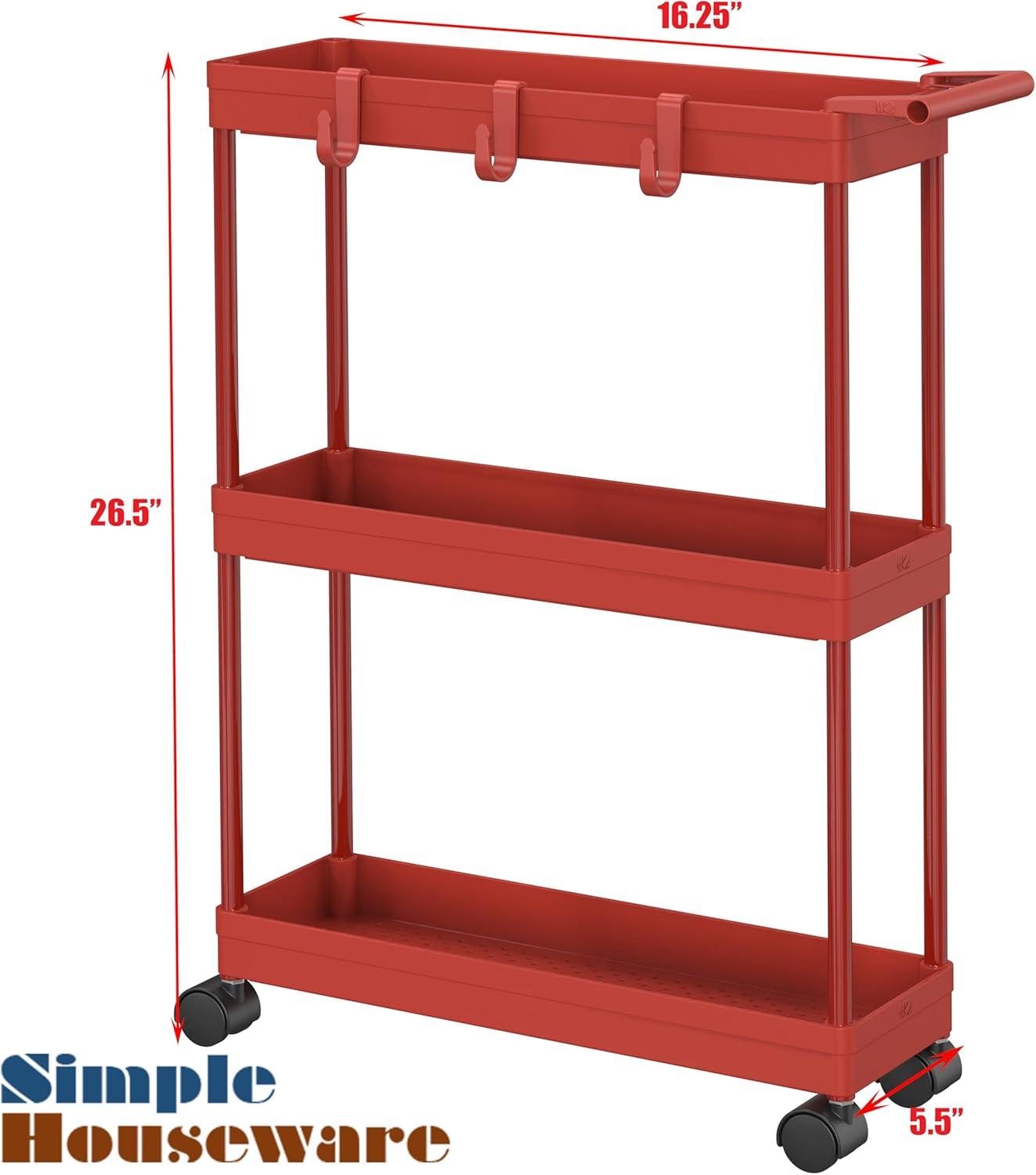 3-Tier Slim/Super Narrow Kitchen Cart with Handle, Hooks and Storage with Shelves,Red