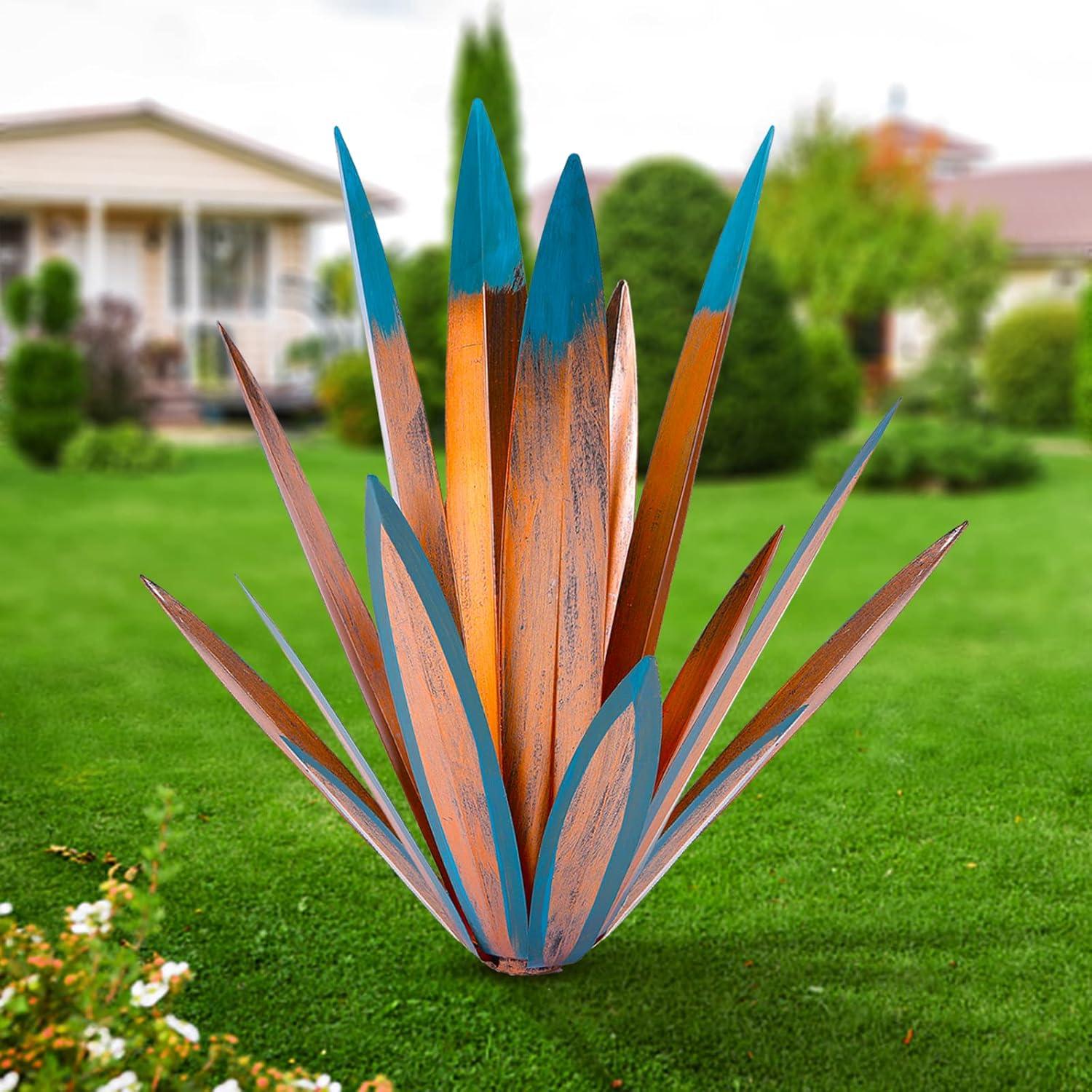 Large Orange and Blue Metal Agave Garden Sculpture