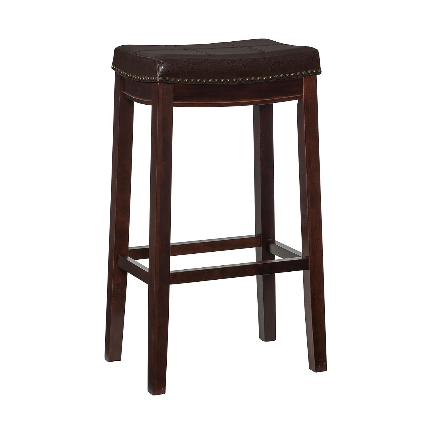 Linon Claridge Backless Wood Bar Stool, 32" Seat Height, Dark Brown Finish with Brown Faux Leather Fabric