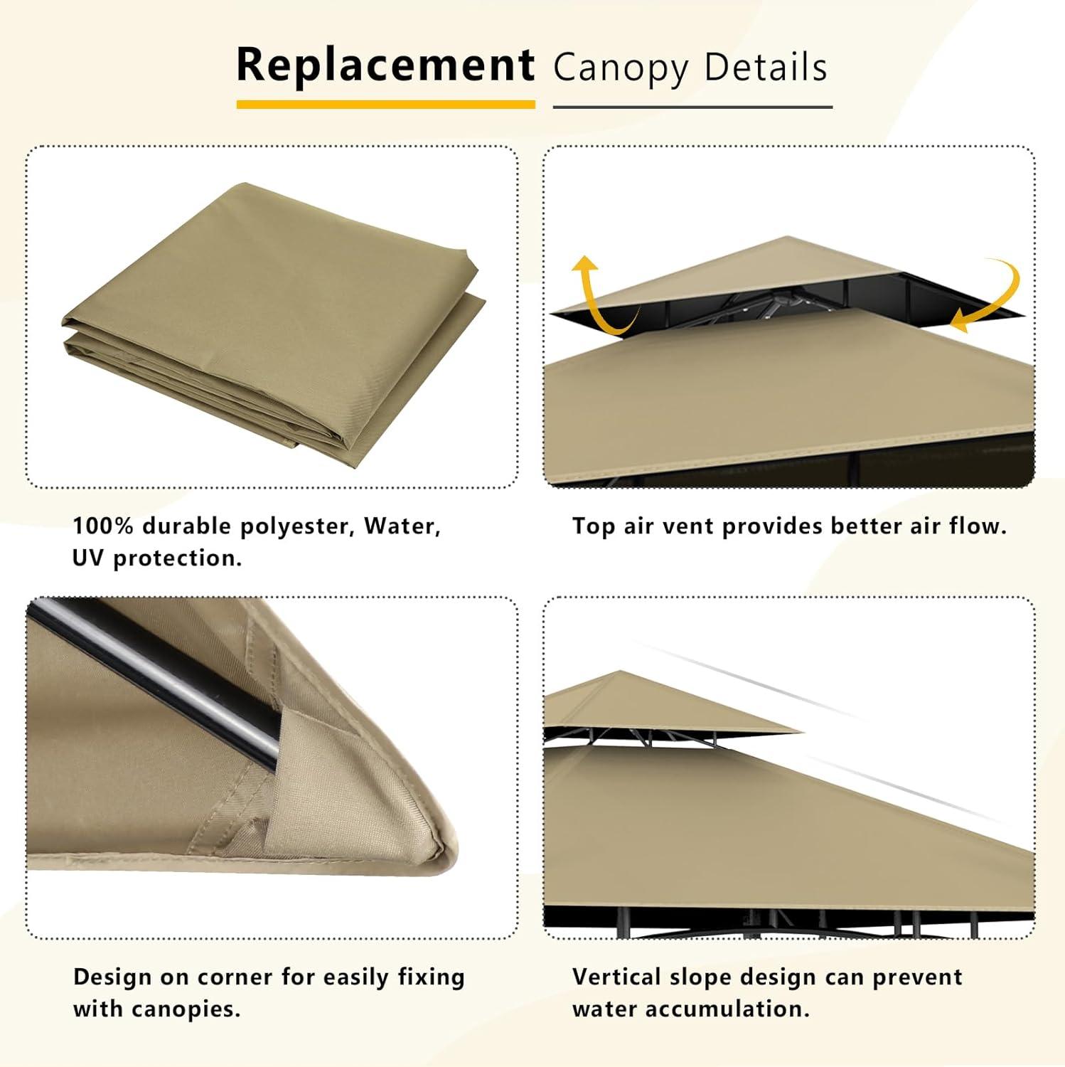 Grill Gazebo Replacement Canopy Top, 5'x8' Top Double Tiered Replacement Canopy Roof, Grill Shelter Cover Roof Fit for Gazebo Model L-GG001PST-F (Khaki)