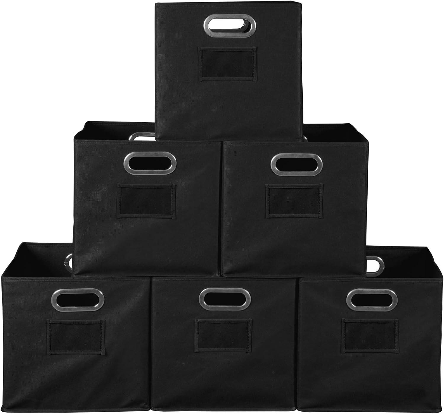 Black 12" Foldable Fabric Storage Cubes with Chrome Handles, Set of 6