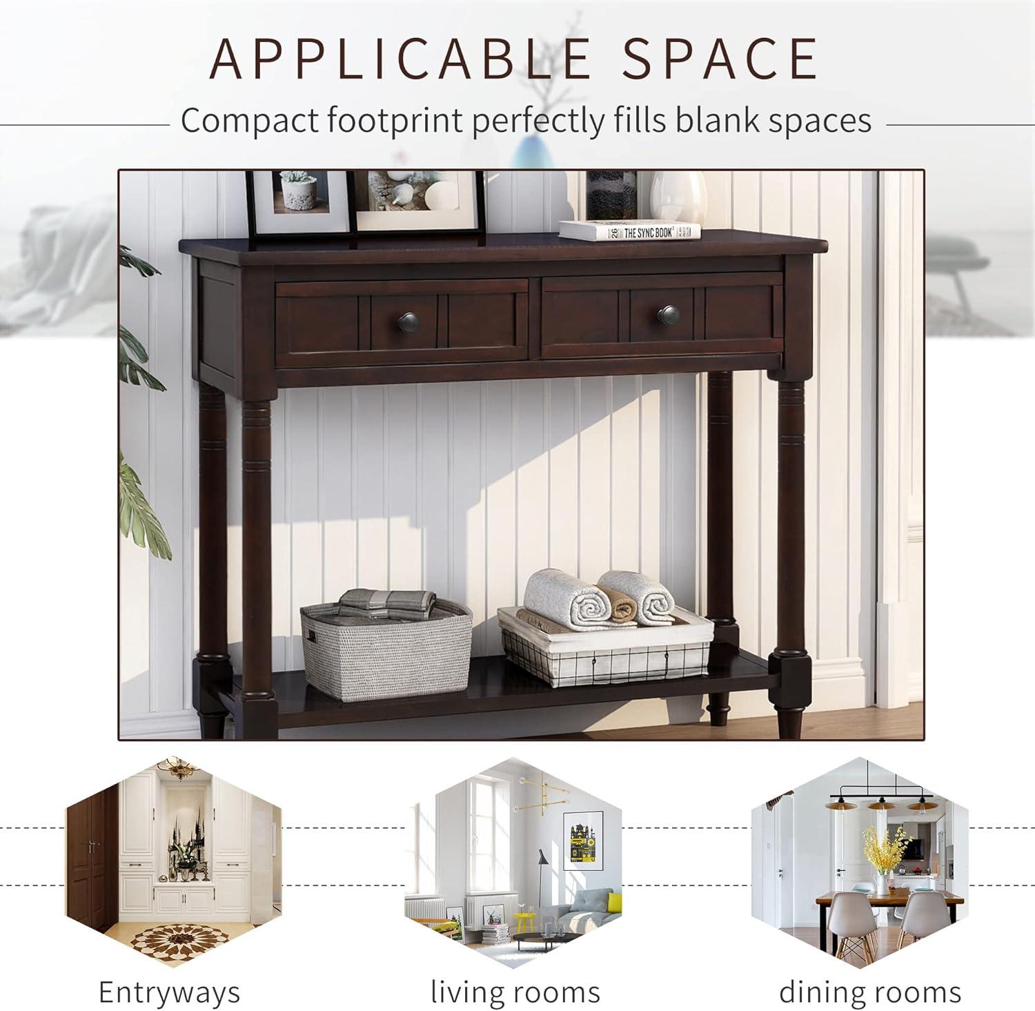 Alcott Hill® Wood Console Table with Two Drawers, Bottom Shelf