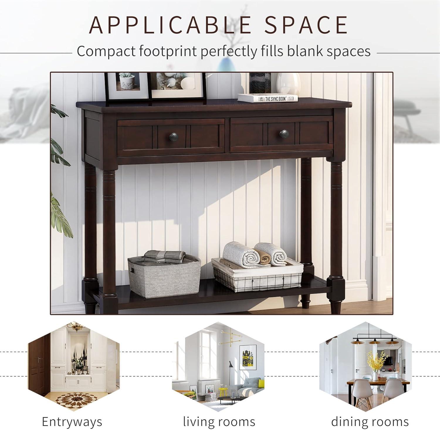 Alcott Hill® Wood Console Table with Two Drawers, Bottom Shelf