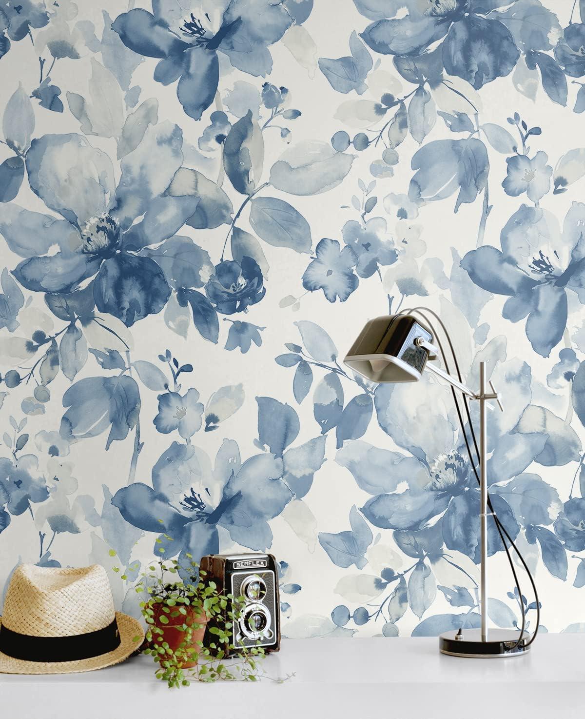 Bluestone Watercolor Flower Peel and Stick Wallpaper