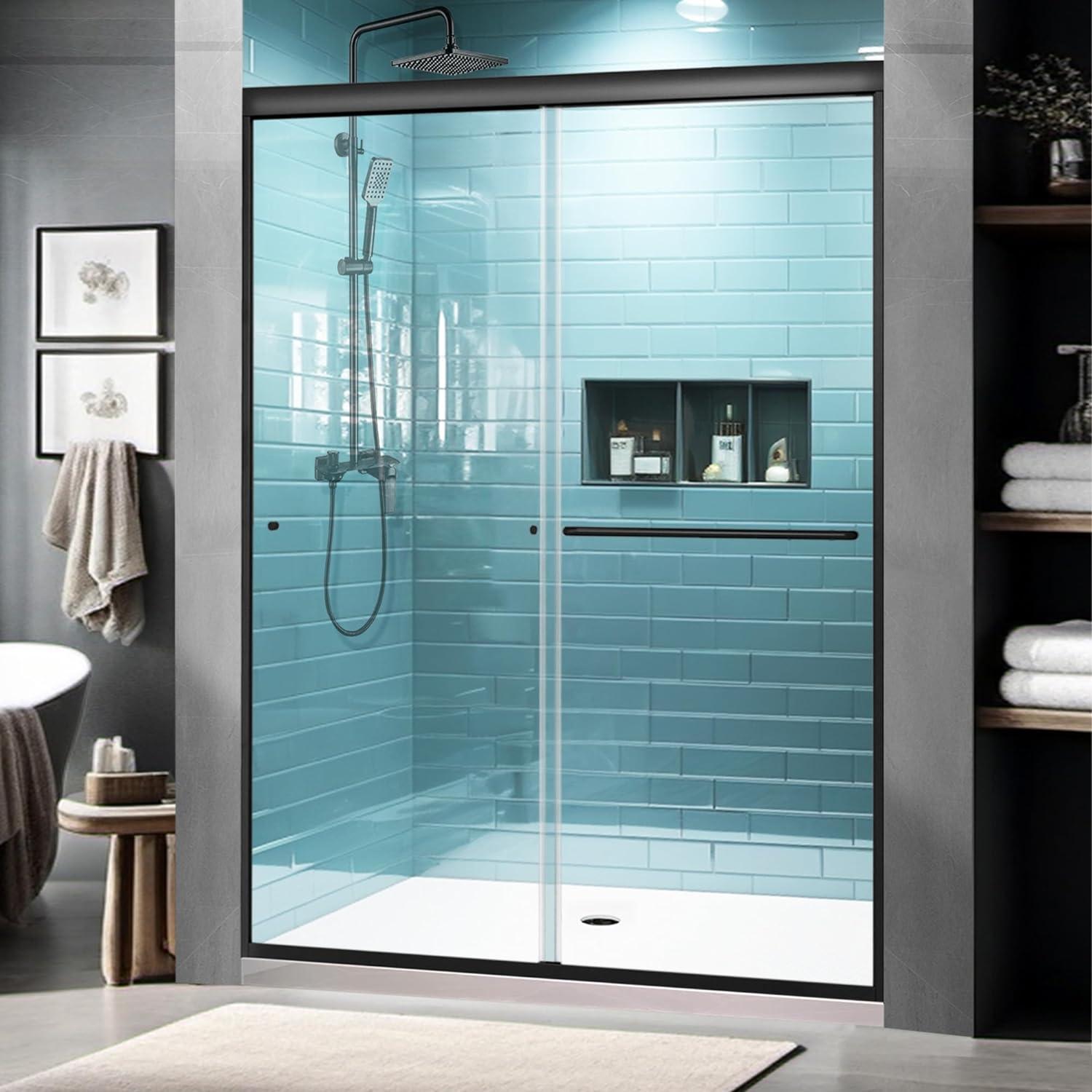 Matte Black Framed Sliding Shower Door with Clear Glass