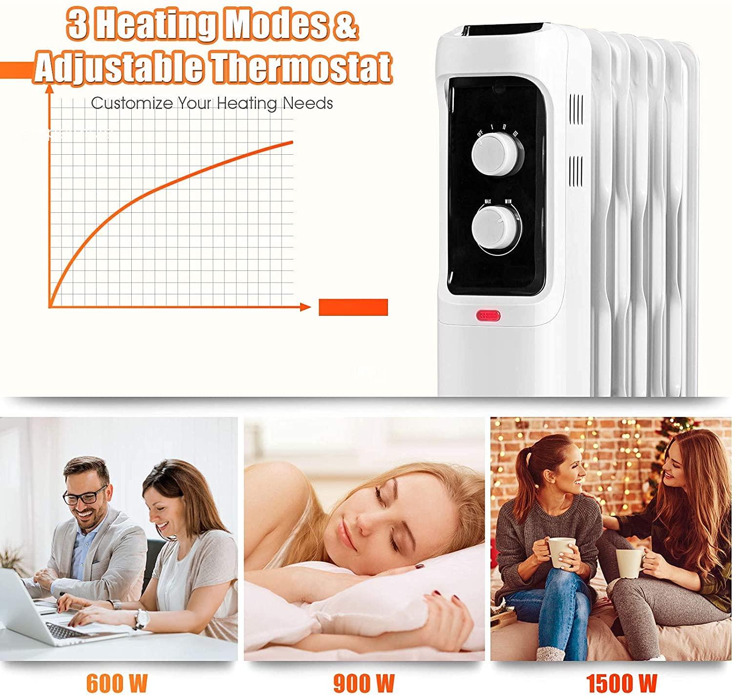 Costway 1500W Oil Filled Heater Portable Radiator Space Heater w/ Adjustable Thermostat White