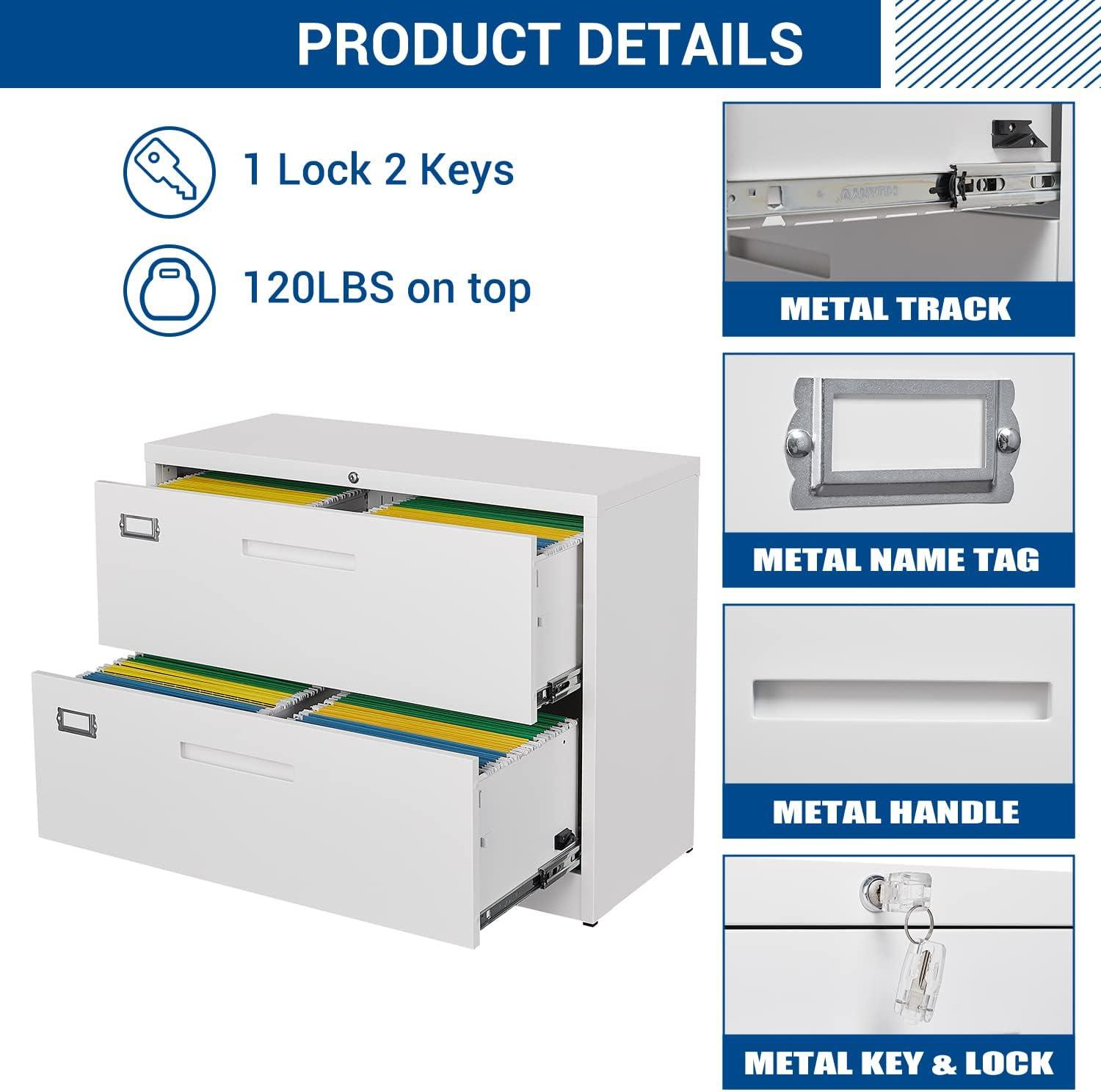 2 Drawer Lateral File Cabinet with Lock Metal Filing Cabinet Steel Wide File Cabinets with Anti-tilt Mechanism for Home Office/Legal/Letter/A4/F4 Size Hanging Files Assembly Required White