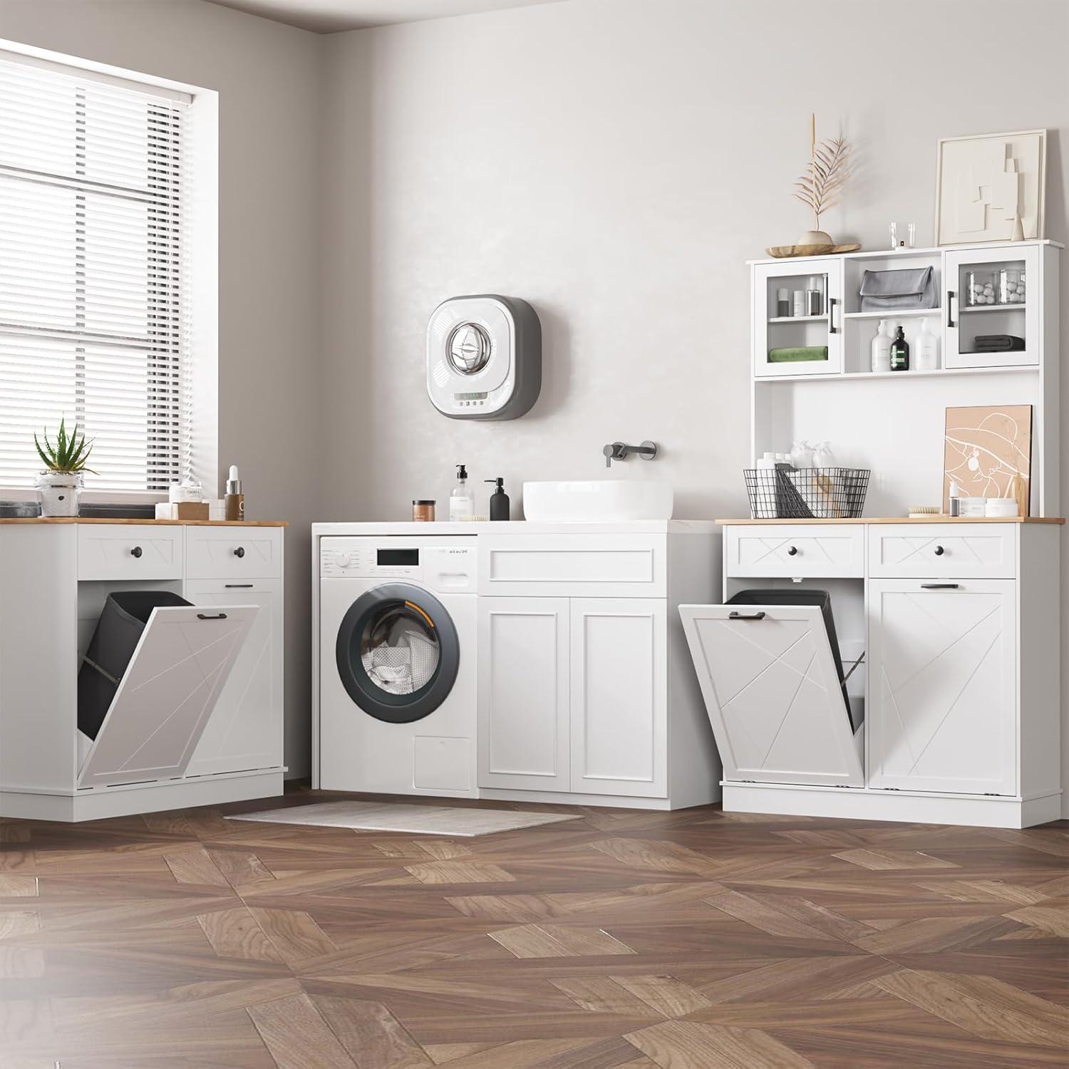 Vabches Kitchen Dual Tilt Out Trash Cabinet , Wood 10 Gal Garbage Cans Holder Drawers, White (Without Trash Bin)