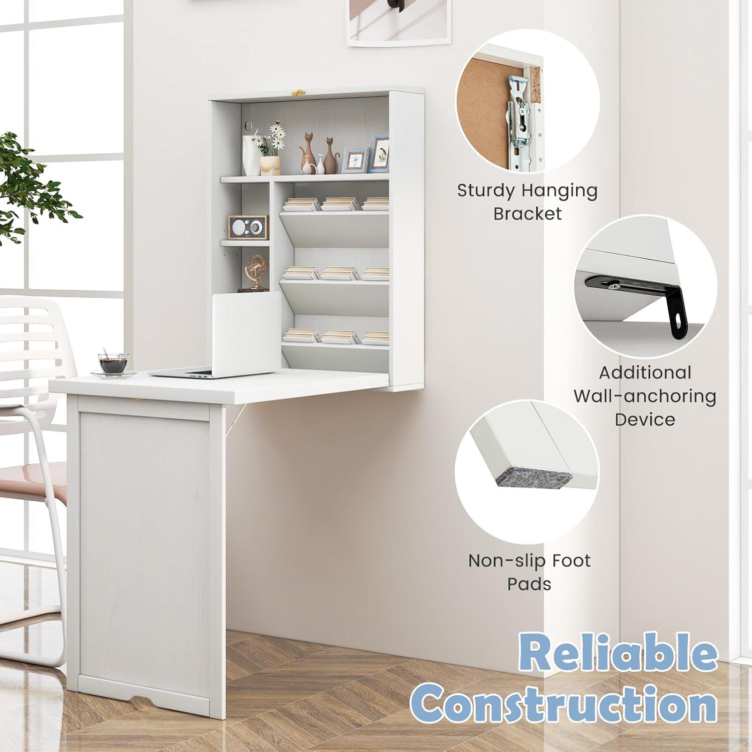 Resenkos Wall Mounted Fold-Out Convertible Floating Desk Space Saver-White