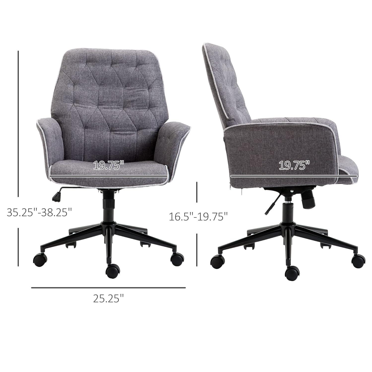 Vinsetto Modern Mid-Back Tufted Linen Home Office Desk Chair with Arms, Swivel Adjustable Task Chair, Upholstery Accent Chair with Soft Seat, Gray