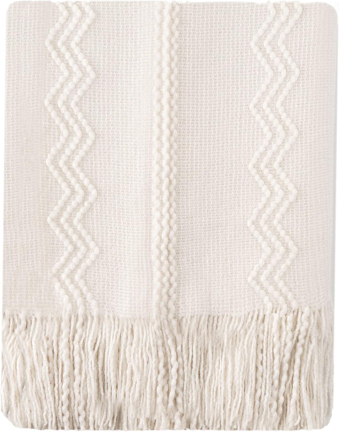 Cream Knitted Acrylic Throw Blanket with Tassels, 50"x60"