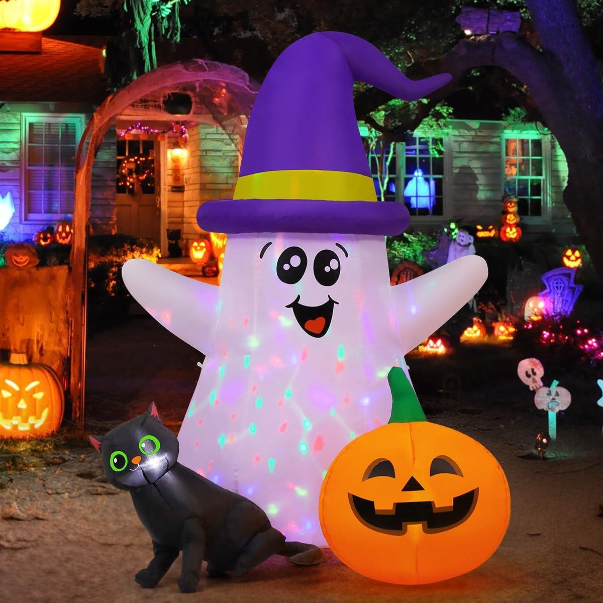 5 FT Halloween Inflatables Ghost Outdoor Decorations Blow Up Yard Cute Wizard Ghost With Pumpkin Black Cat With Built-In Leds For Garden Lawn Indoor Party Decor