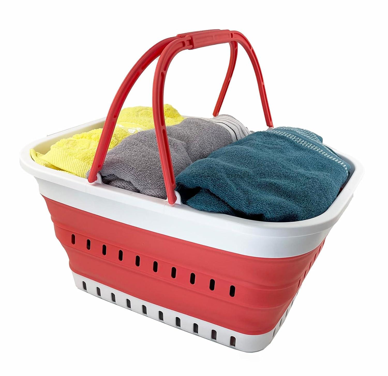 SAMMART 26L (6.8 Gallons) Collapsible Plastic Laundry Basket with Handle, White/Coral Pink