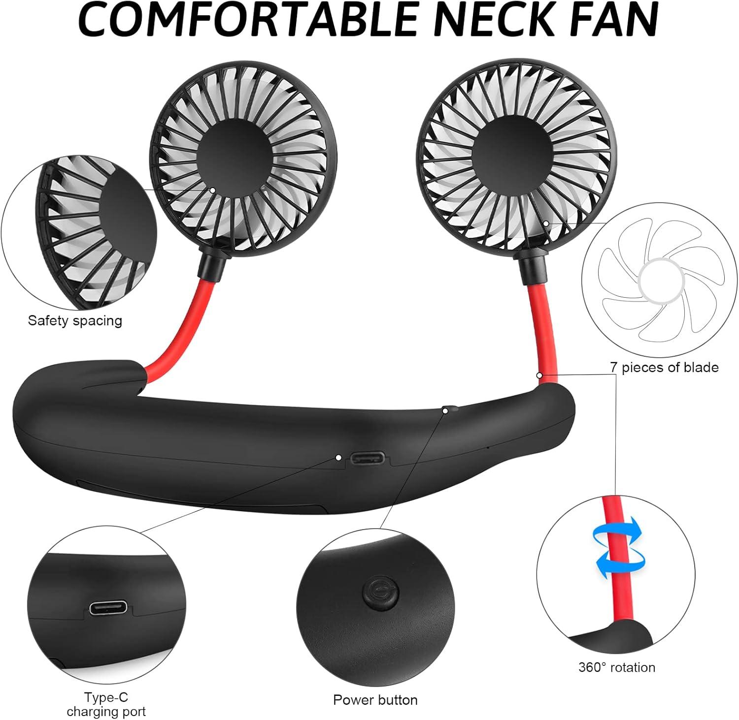 Portable Neck Fan, Hand Free Personal Mini Fans USB Rechargeable,360 Degree Free Rotation for Traveling, Sports, Office, Reading (3 Speed Adjustable, Headphone Design) Wearable Neckband Cooler (Black)