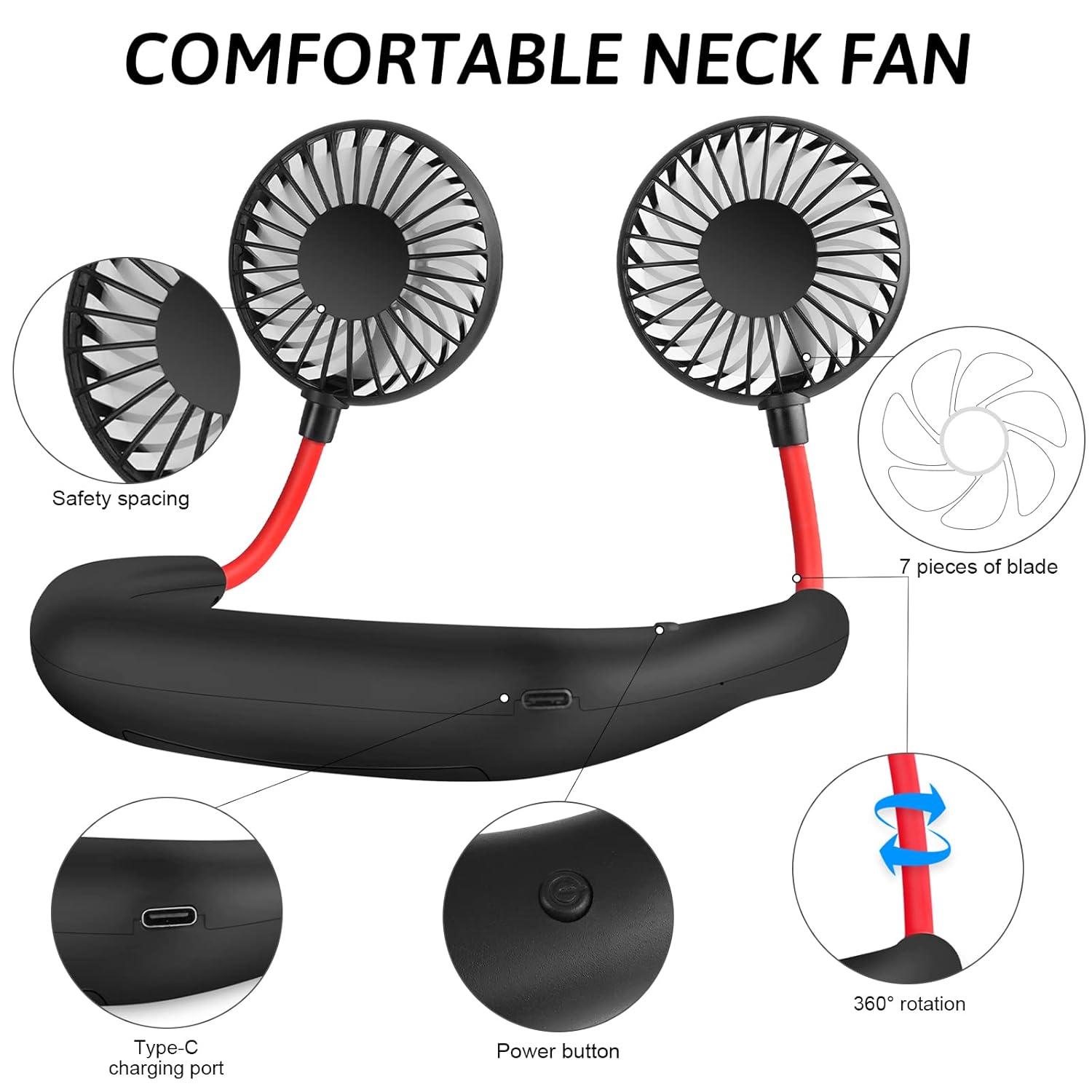 Portable Neck Fan, Hand Free Personal Mini Fans USB Rechargeable,360 Degree Free Rotation for Traveling, Sports, Office, Reading (3 Speed Adjustable, Headphone Design) Wearable Neckband Cooler (Black)