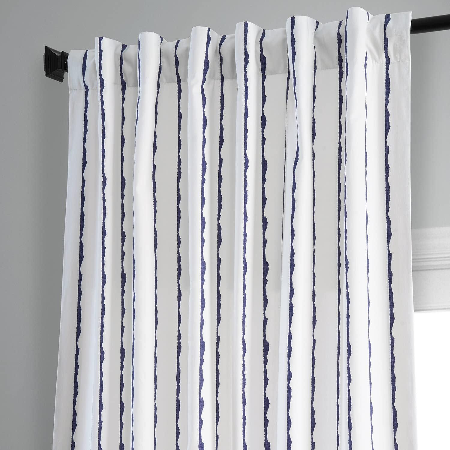 Sharkskin Blue and White Striped Cotton Room Darkening Curtain Panel