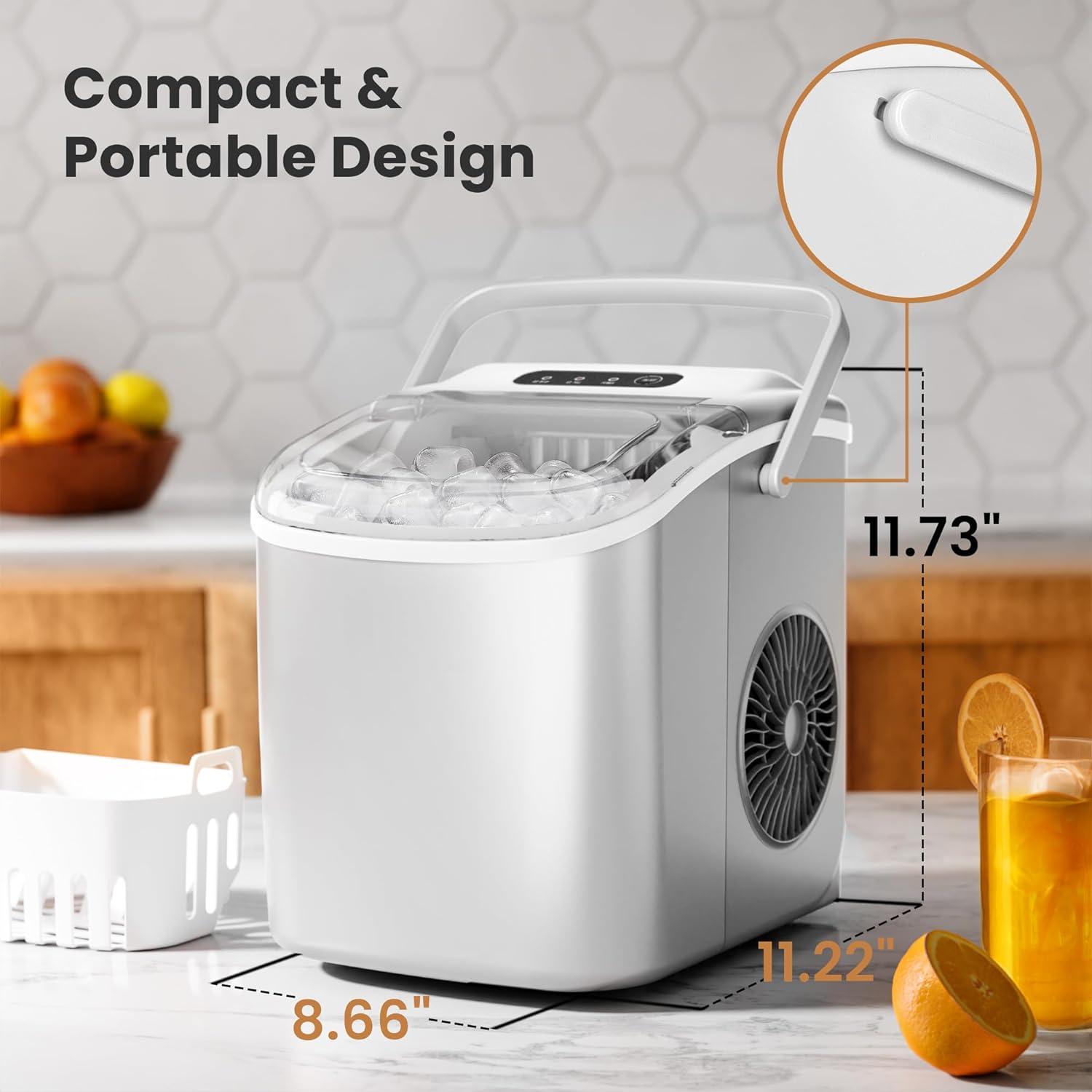 Compact White Stainless Steel Portable Countertop Ice Maker