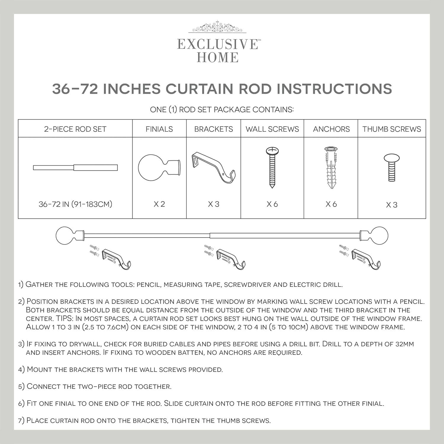 EXCLUSIVE HOME Modern Layer 1" Curtain Rod and Coordinating Finial Set, Matte Silver, Adjustable 36"-72"