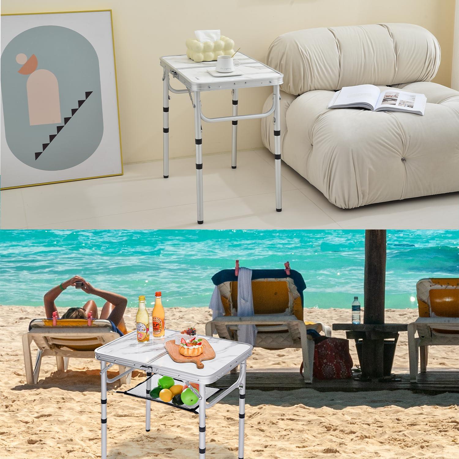 Small Folding Table with Mesh Layer, 3 Adjustable Heights Aluminum Lightweight Portable Folding Table with Extension Legs, Camping Table for RV, Picnic and Indoor