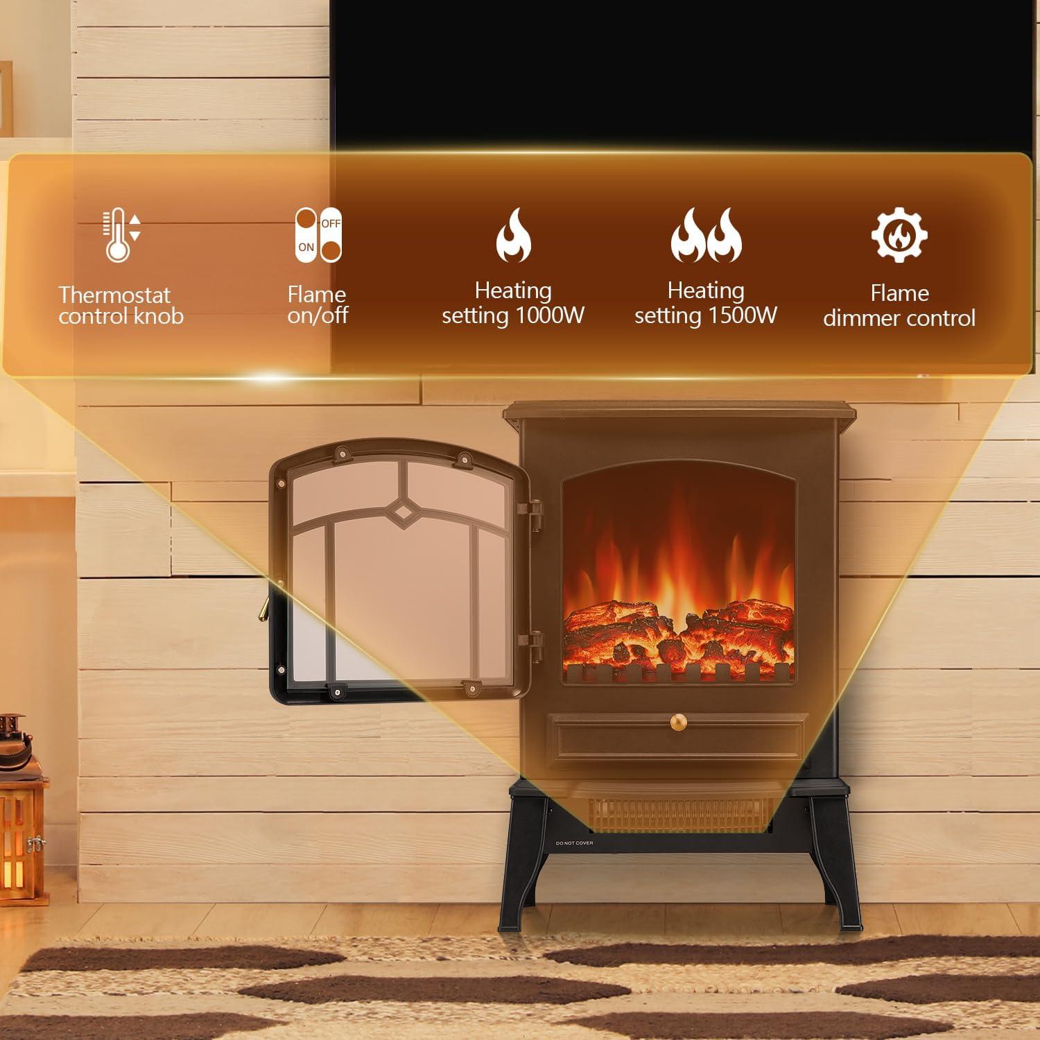 WAA Infrared Electric Fireplace Stove,15" Freestanding Fireplace Heater,Adjustable Brightness and Heating Mode,1000W/1500W,Black