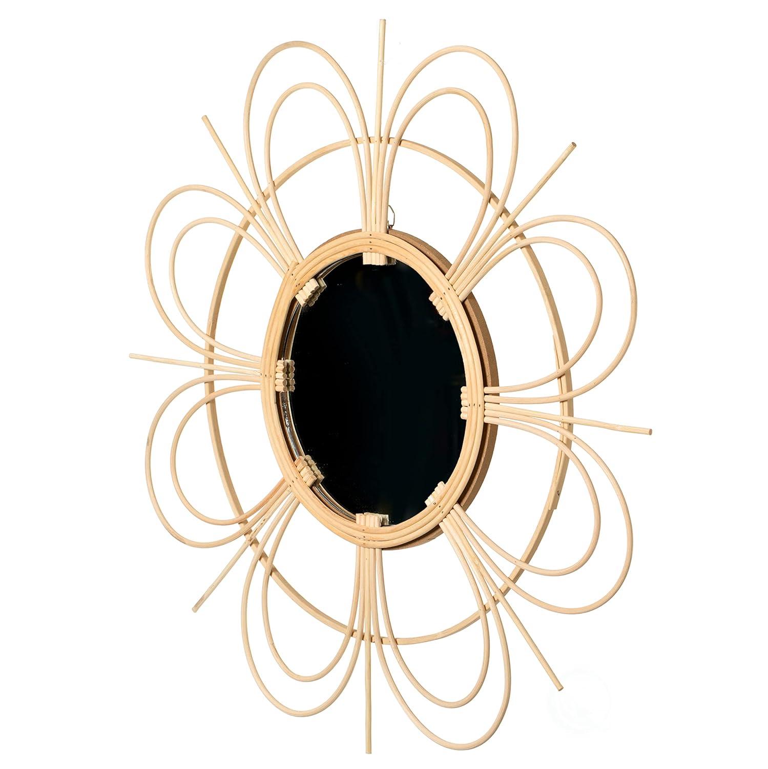 Vintiquewise Decorative Flower Shape Woven Rattan Wood Round Modern Hanging Wall Mirror