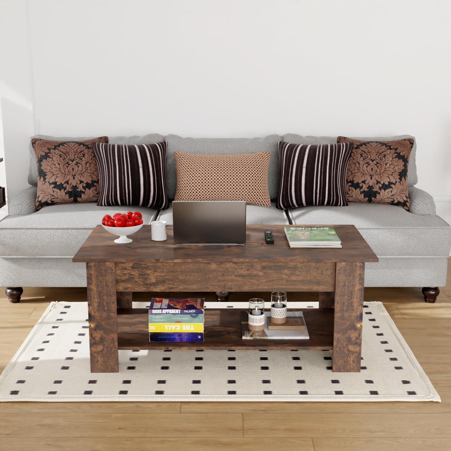 FDW Coffee Table Lift Top Coffee Tables with Hidden Compartment and Storage Shelf Wooden Lift Tabletop Dining Table for Living Room Home (Brown)