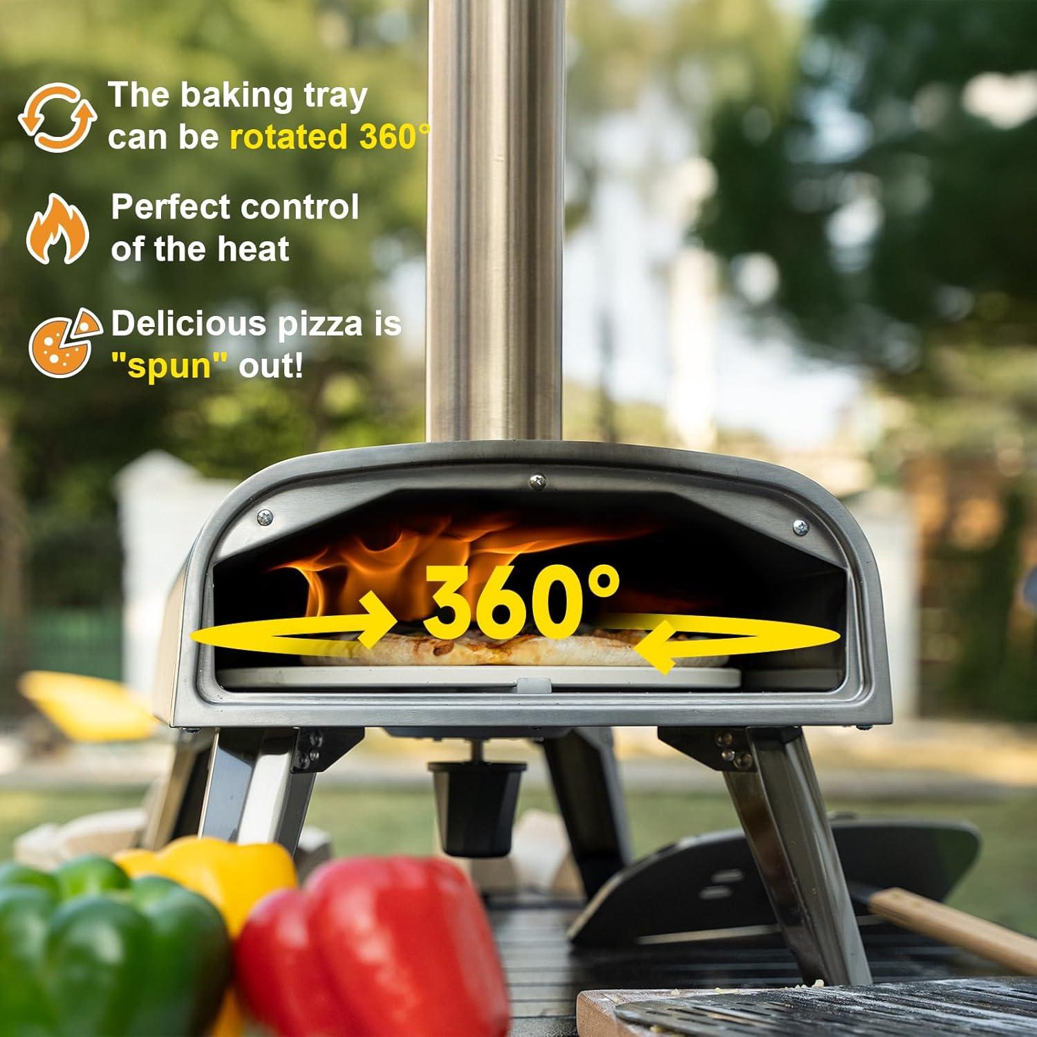 Pizza Oven Outdoor 12" Wood Fired Pizza Ovens Pellet Pizza Stove for Outside, Portable Stainless Steel Pizza Oven for Backyard Pizza Maker Portable Mobile Outdoor Kitchen (Swivel Grey)